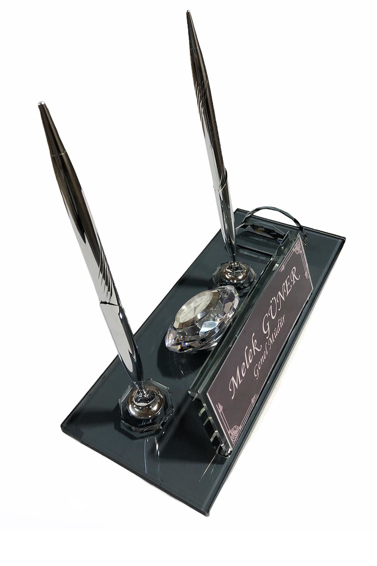 MOOG Black Glass Desk Name Plate With Clock