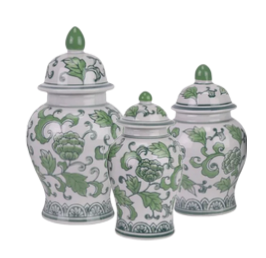 Set of 3 Green & White Floral Food Safe Jars