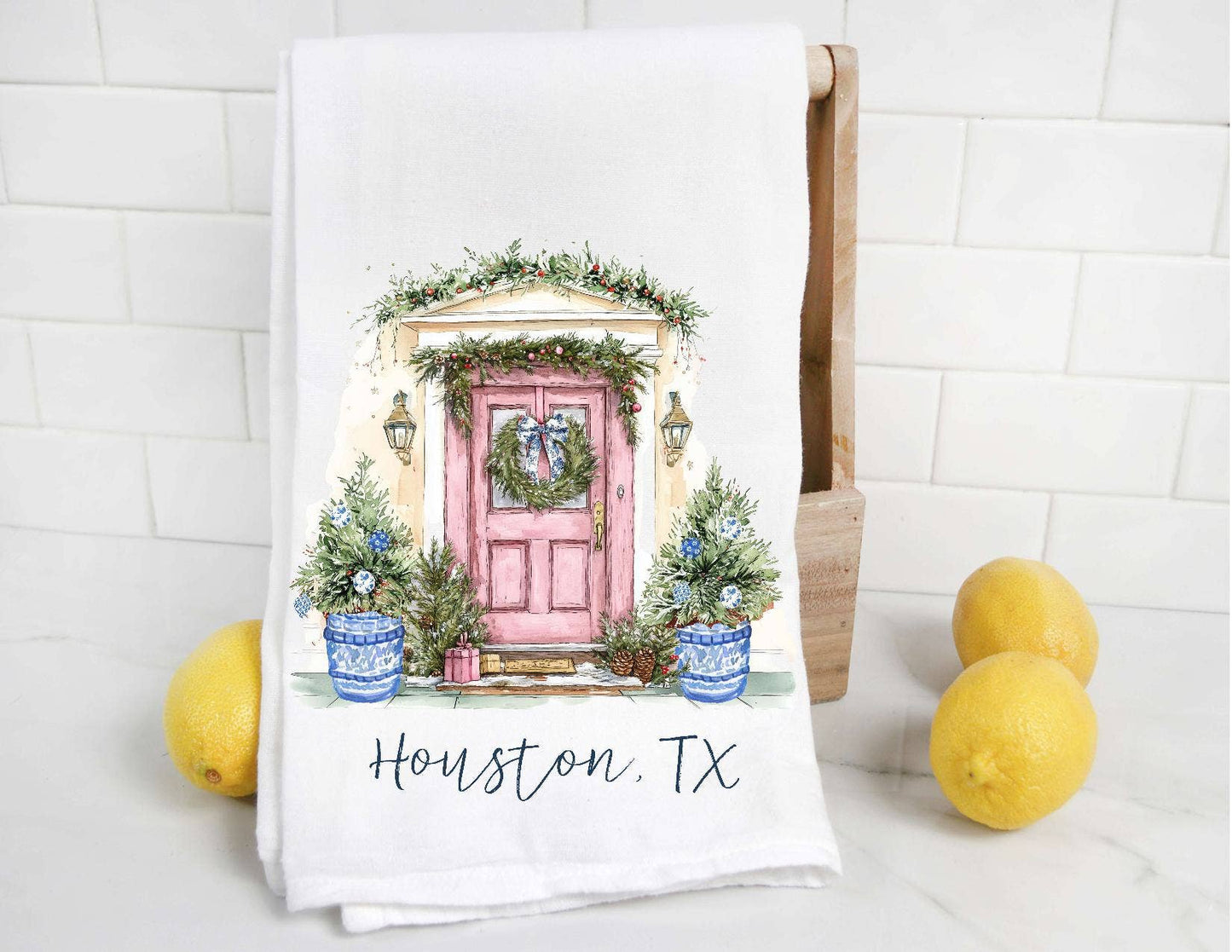 Personalized Chinoiserie Christmas Door Tea Towel