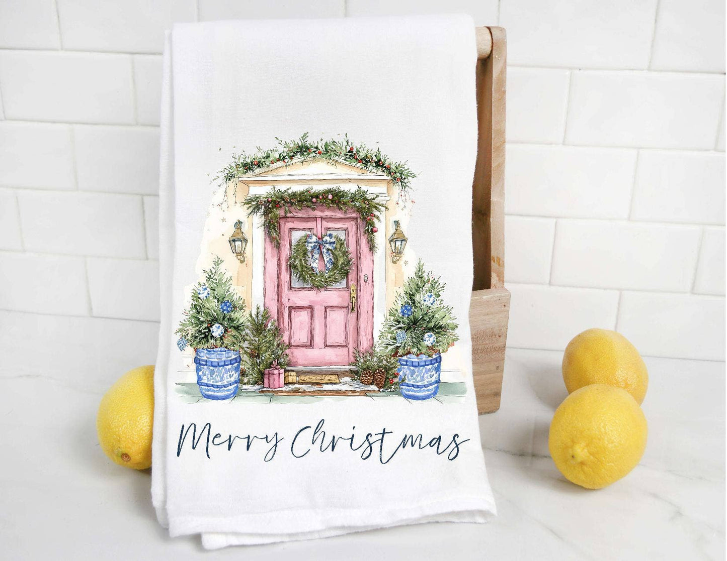 Personalized Chinoiserie Christmas Door Tea Towel