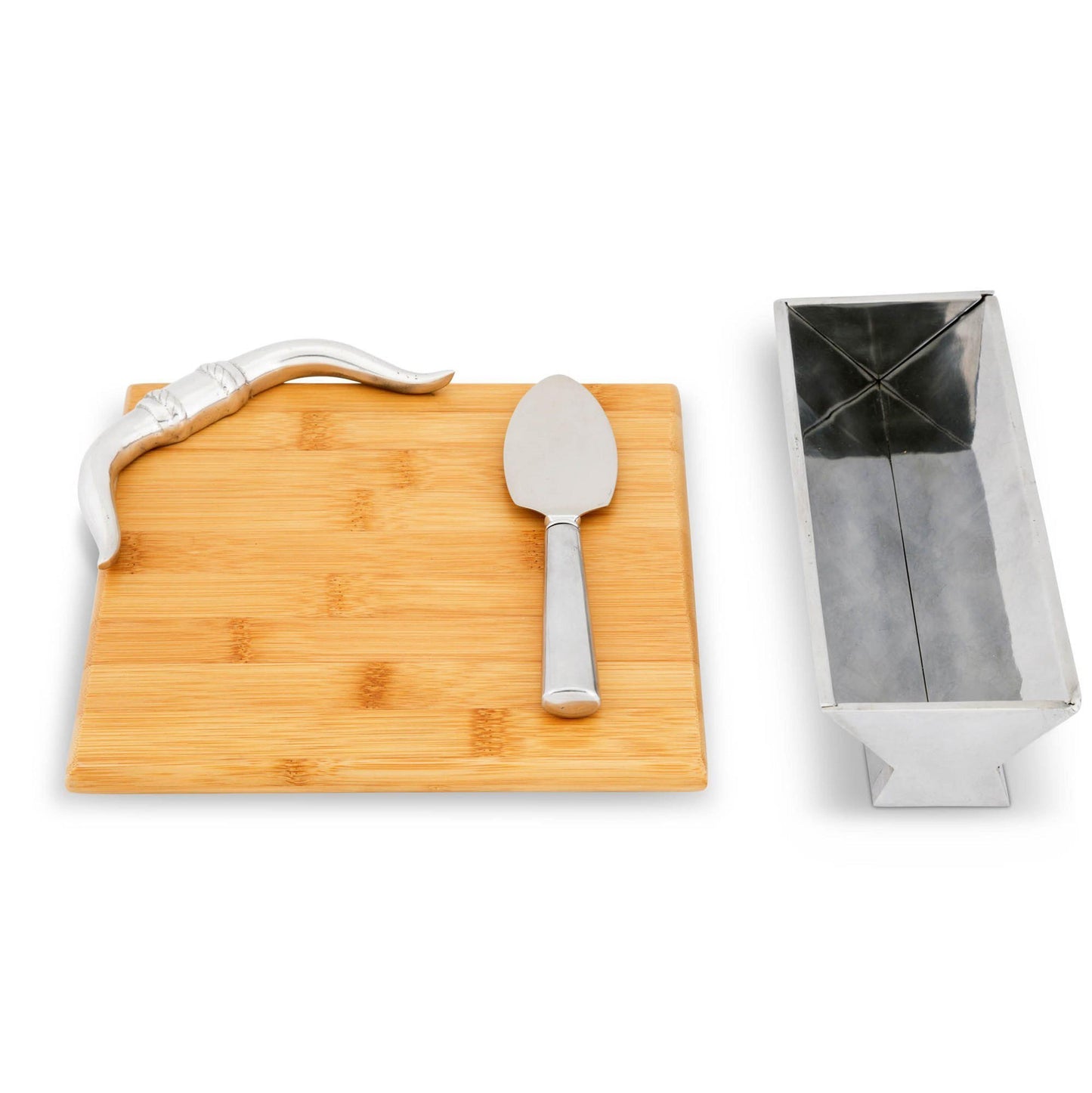 Bamboo cutting board with cheese knife and white container on a white background