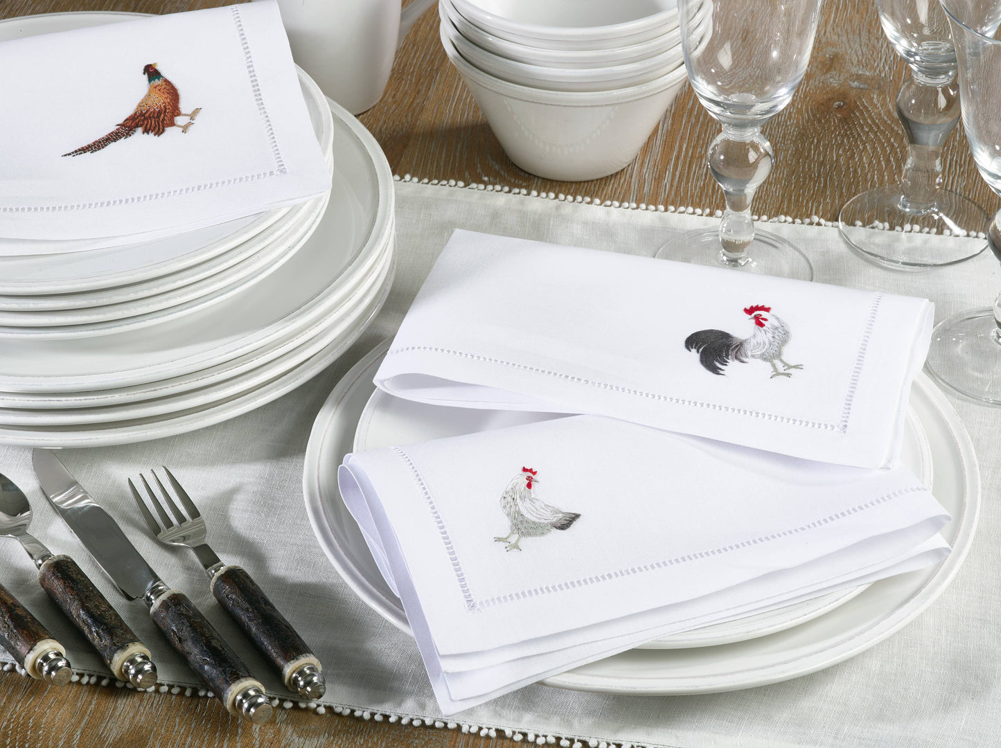 Embr'd Pheasant Hemstitch Napkin