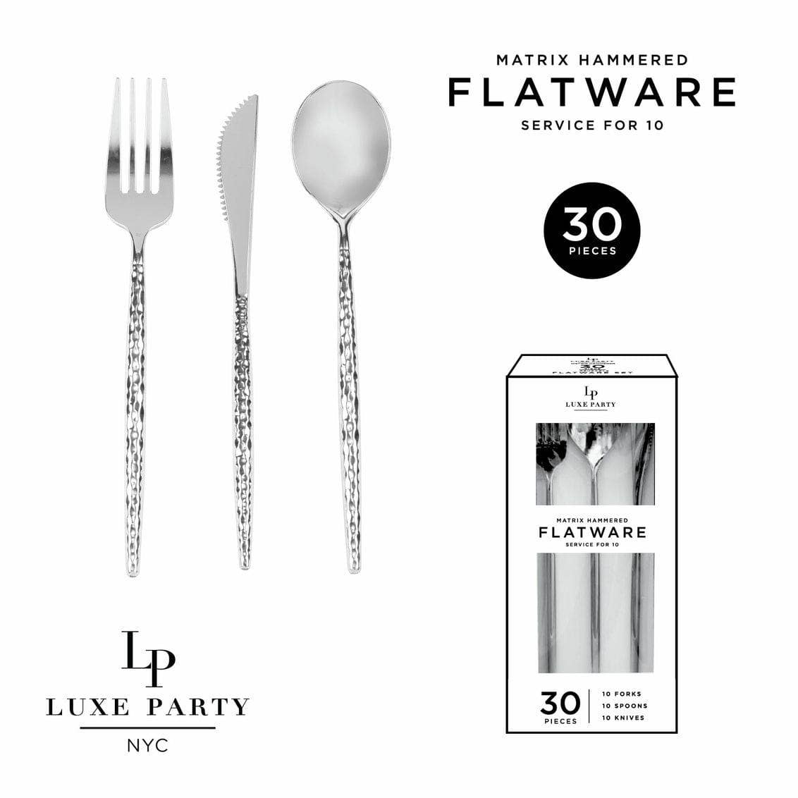 Matrix Silver Hammered Plastic Cutlery Set | 30 Pieces - themonogram manor