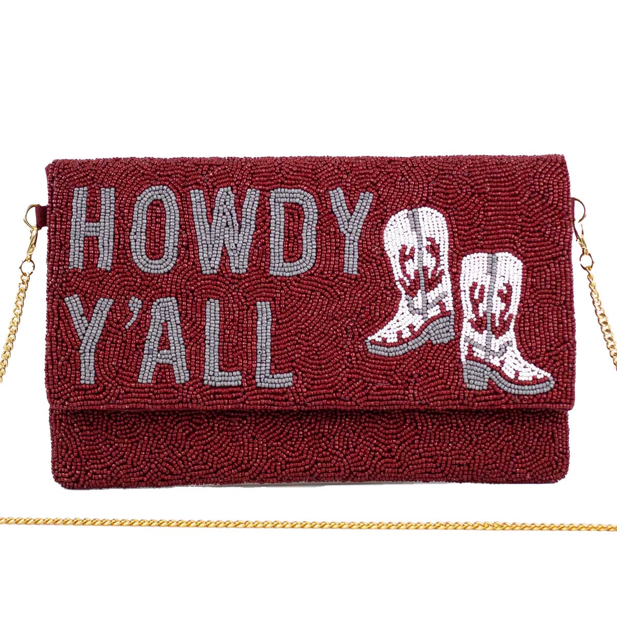 Howdy Y'all Beaded Clutch Maroon/Gray 6x10 - themonogram manor