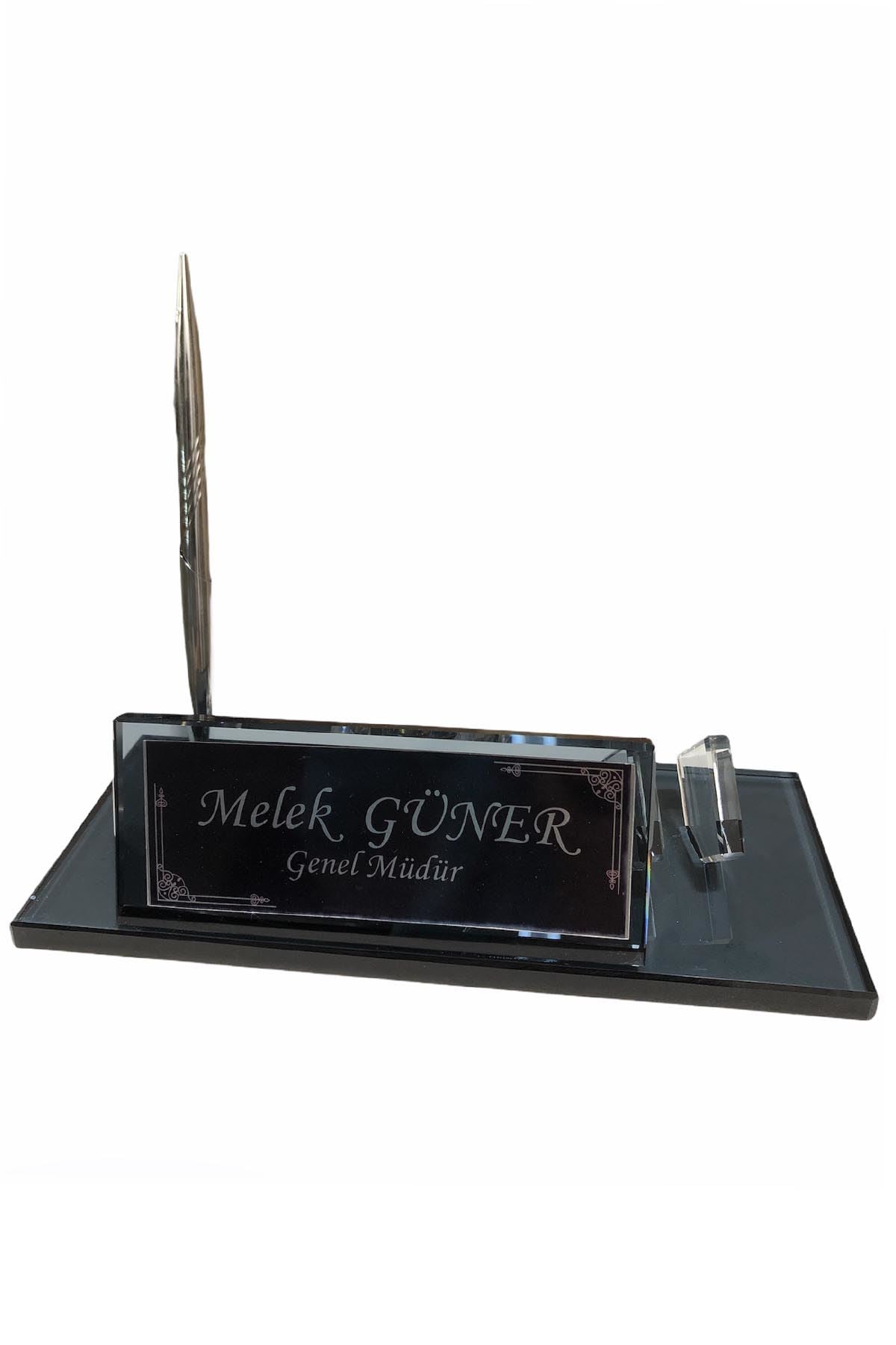 MOOG Black Glass Desk Name Plate With Clock - themonogram manor
