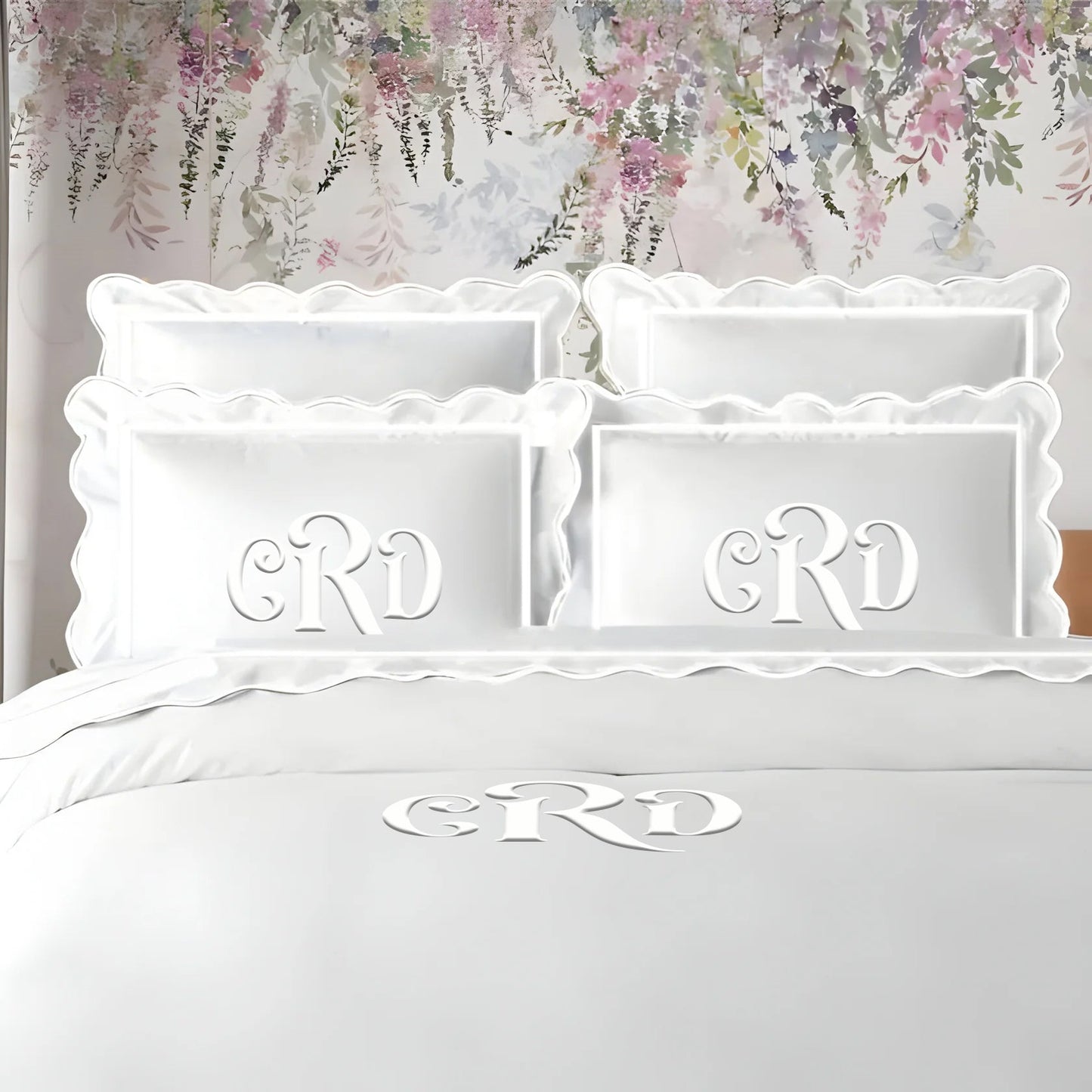 Monogram 400TC Cotton Scallop Embroidery & Border Sateen Solid Duvet Cover Set - themonogram manor