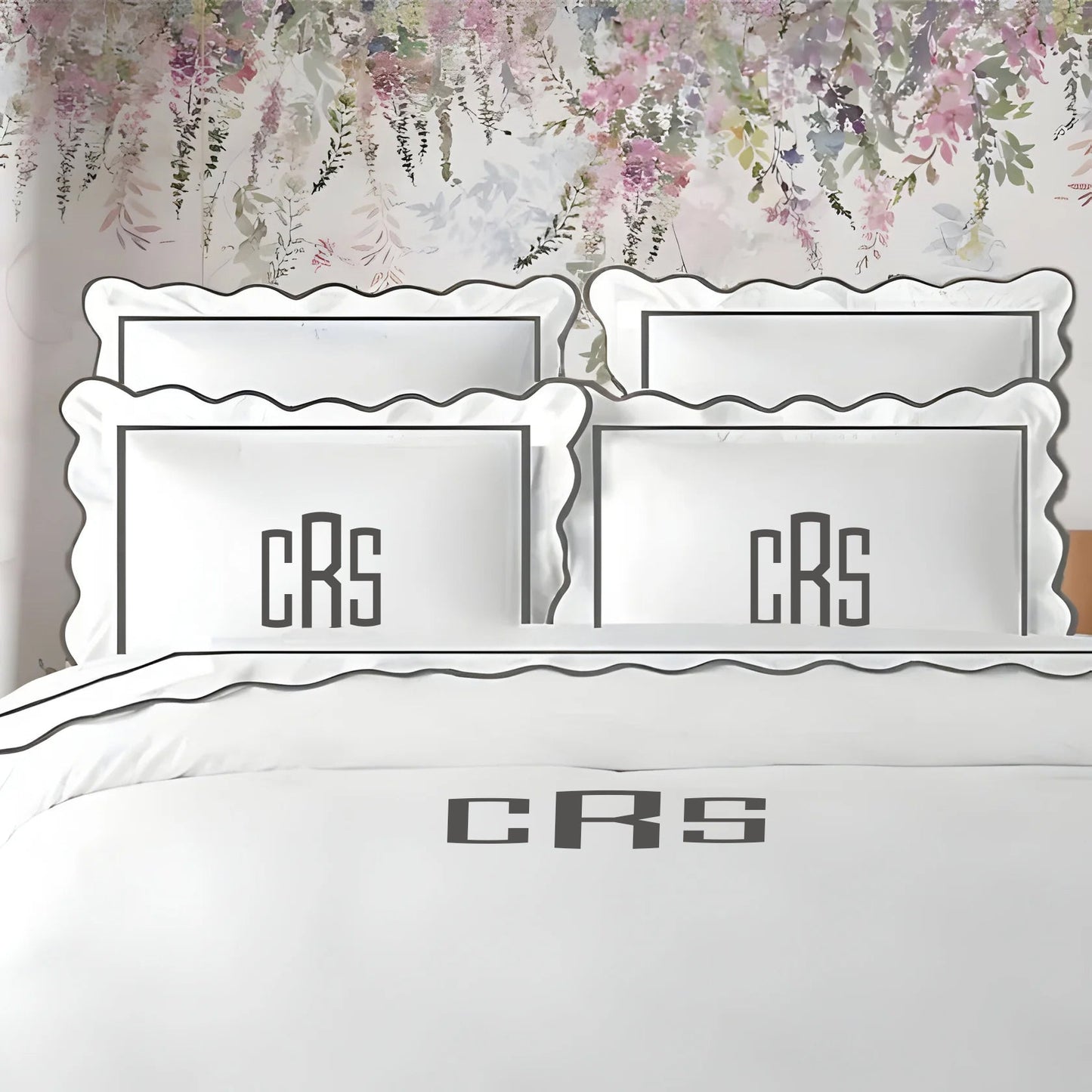 Monogram 400TC Cotton Scallop Embroidery & Border Sateen Solid Duvet Cover Set - themonogram manor