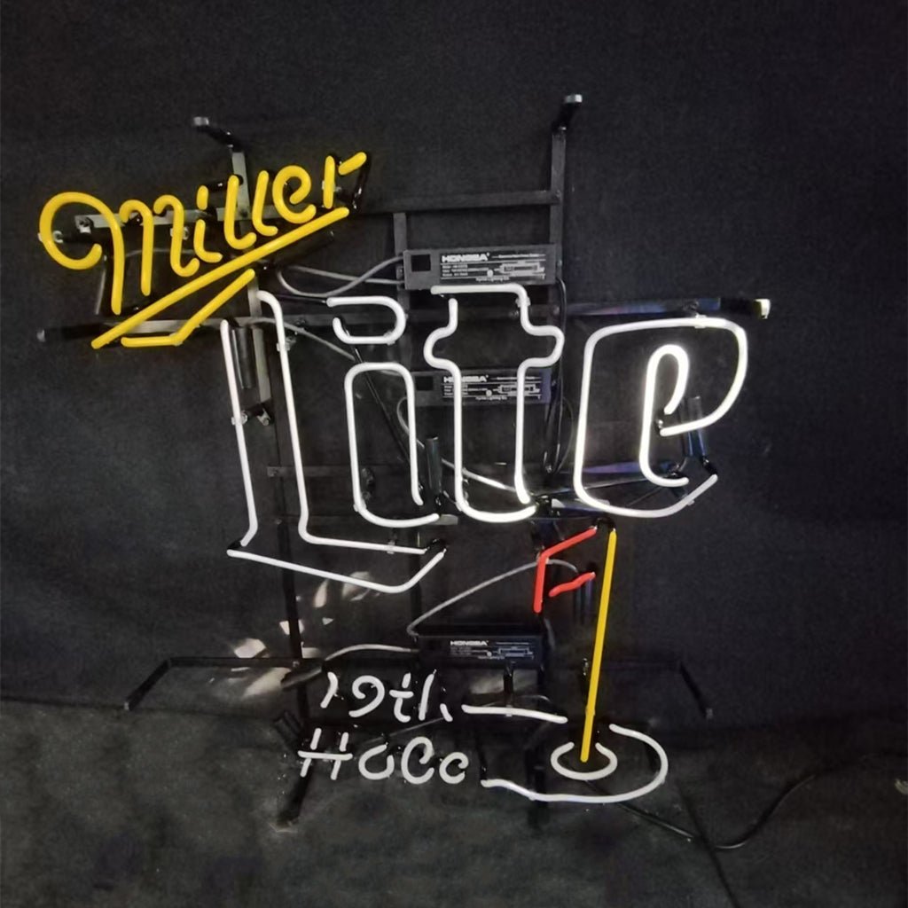 Yellow Miller Lite 19th Hole Neon Signs - themonogram manor