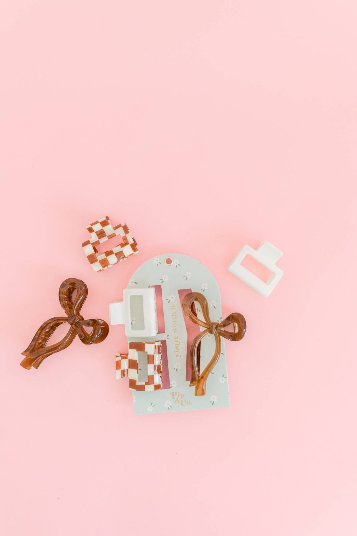 Mocha Bow and Checkered Claw Hair Clip Set - themonogram manor