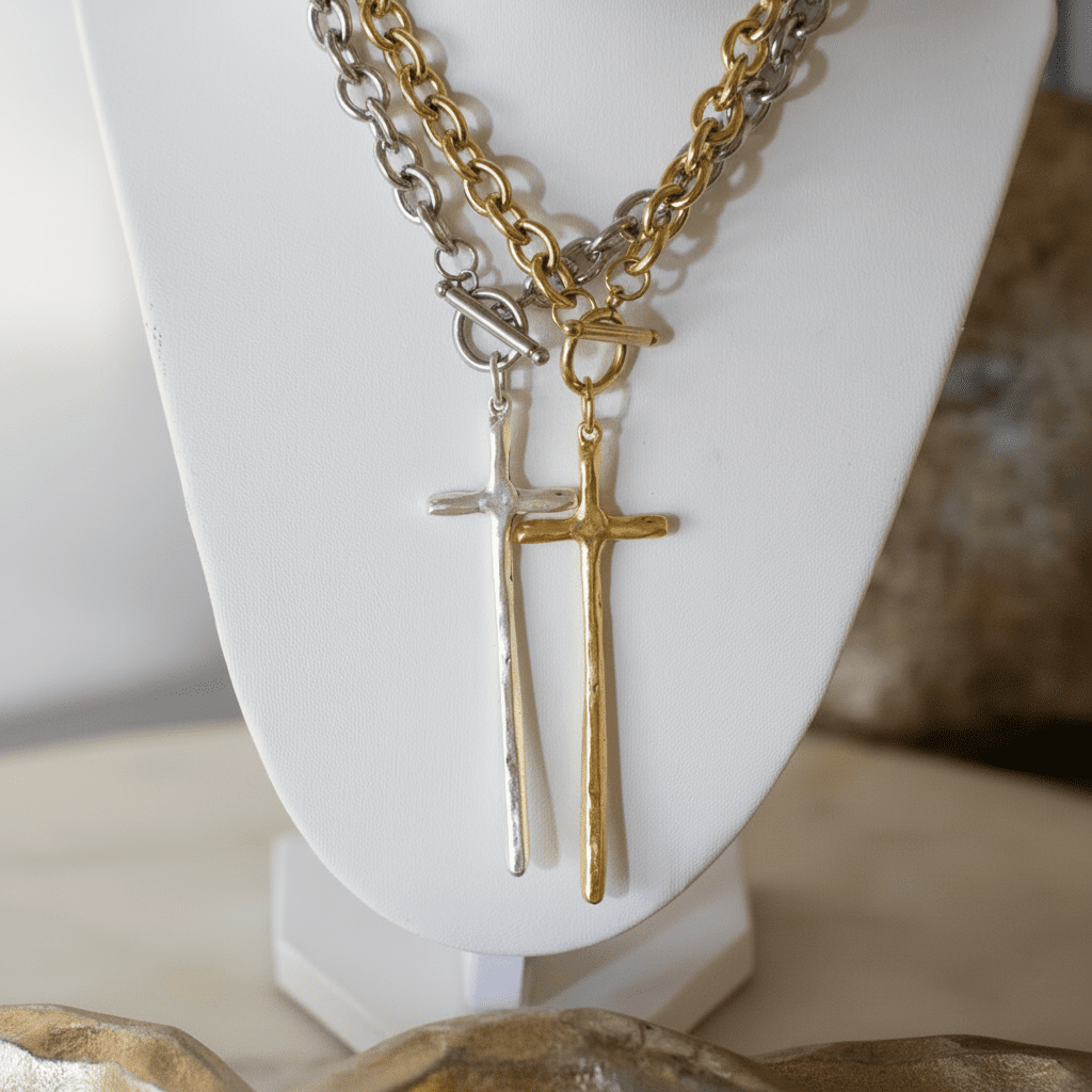 Elongated Cross Toggle Necklace - Stainless Steel & Gold - Plated Pewter | Deep South Originals - themonogram manor