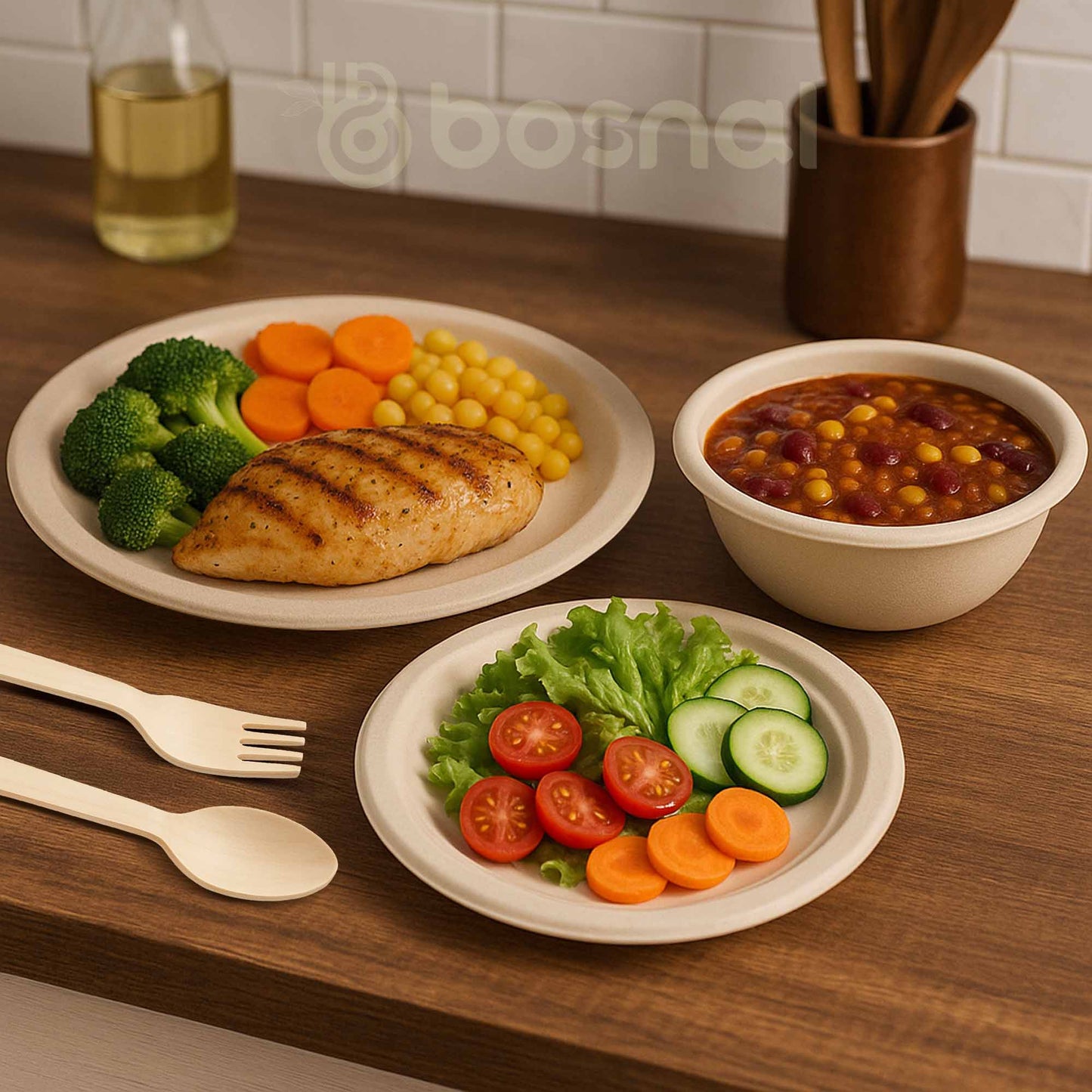 Bosnal – Sugarcane Bagasse Compostable 10 inch & 7 inch Round Plates, 32 Oz Bowls with Cutlery - themonogram manor
