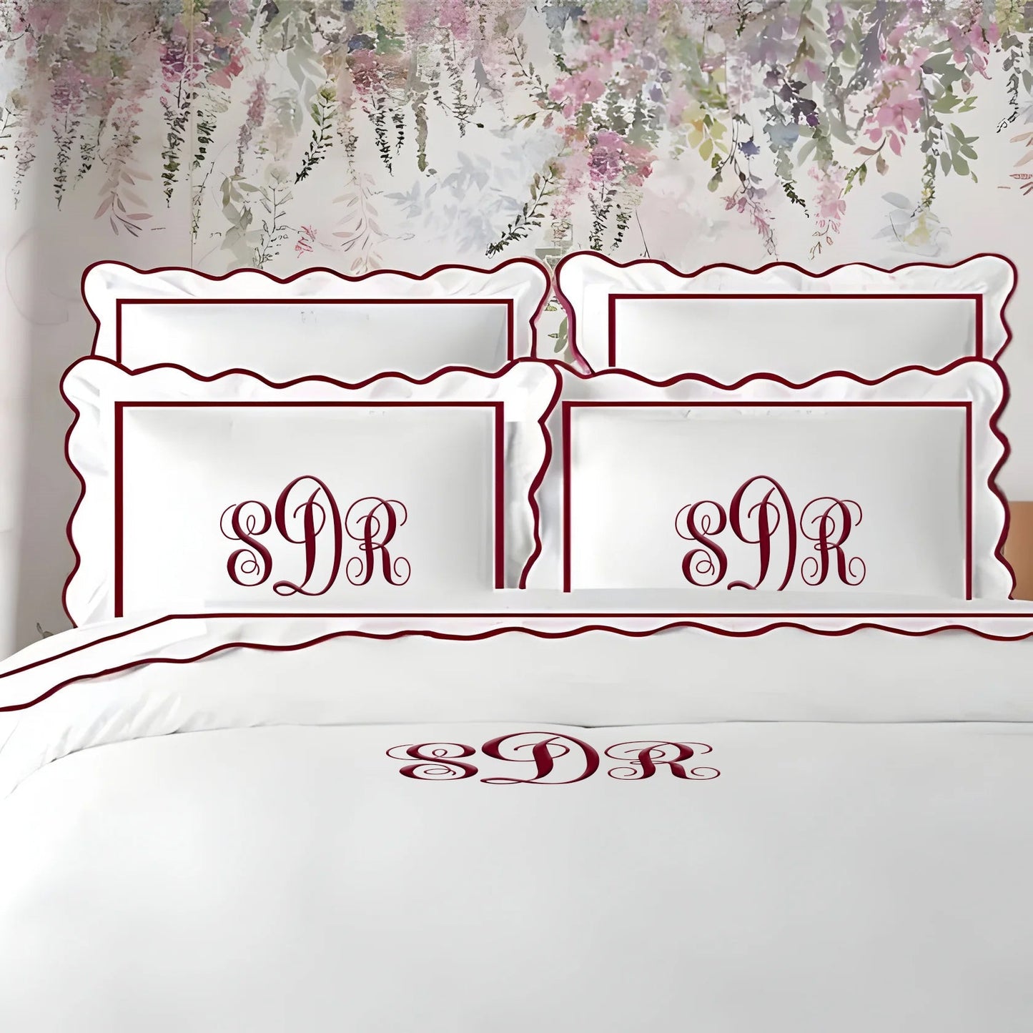 Monogram 400TC Cotton Scallop Embroidery & Border Sateen Solid Duvet Cover Set - themonogram manor