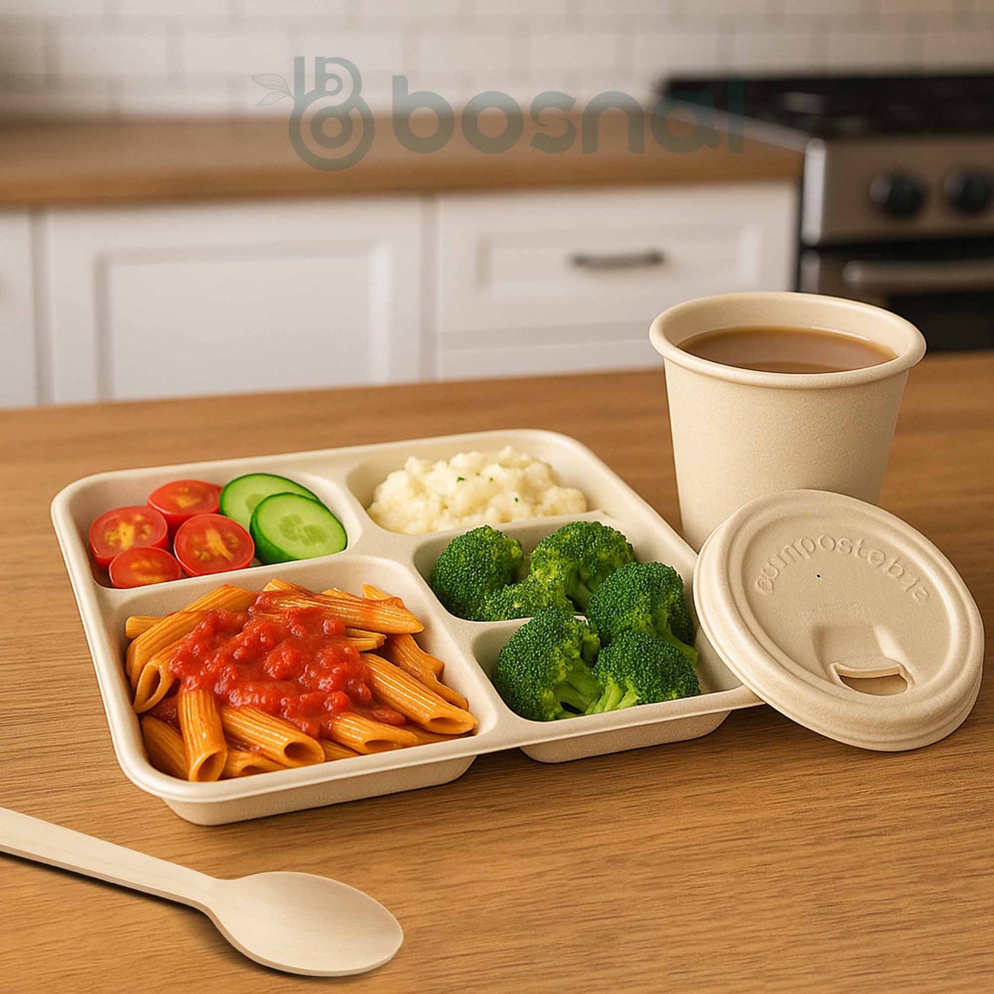 Bosnal – Sugarcane Bagasse Compostable 5 - Compartment Trays & 8 Oz Cups with Lids & Cutlery - themonogram manor