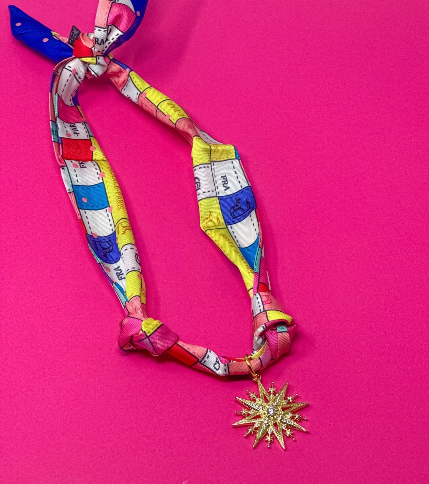 Scarf Charm Necklace - Multi Square with Rhinestone Star Burst - themonogram manor