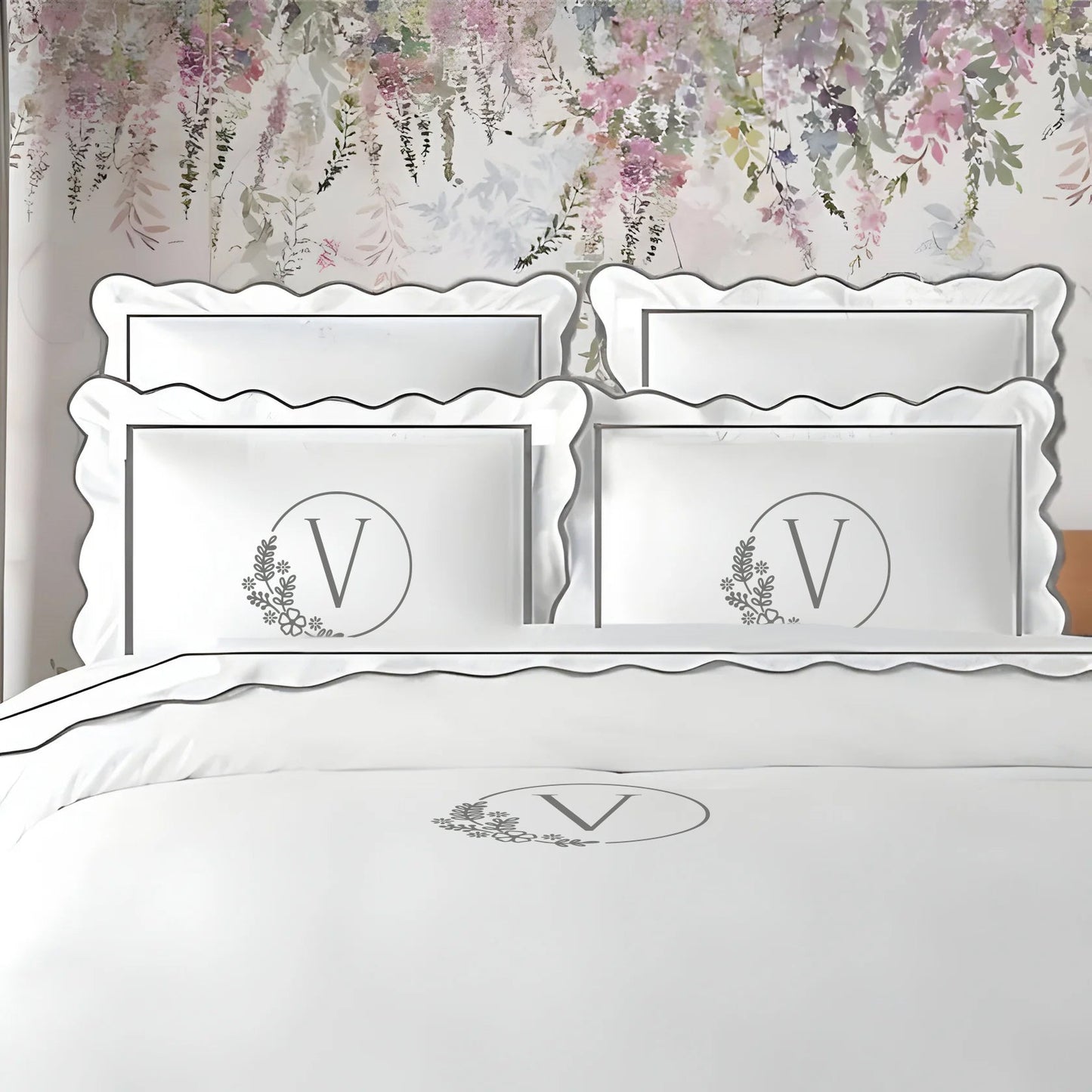 Monogram 400TC Cotton Scallop Embroidery & Border Sateen Solid Duvet Cover Set - themonogram manor