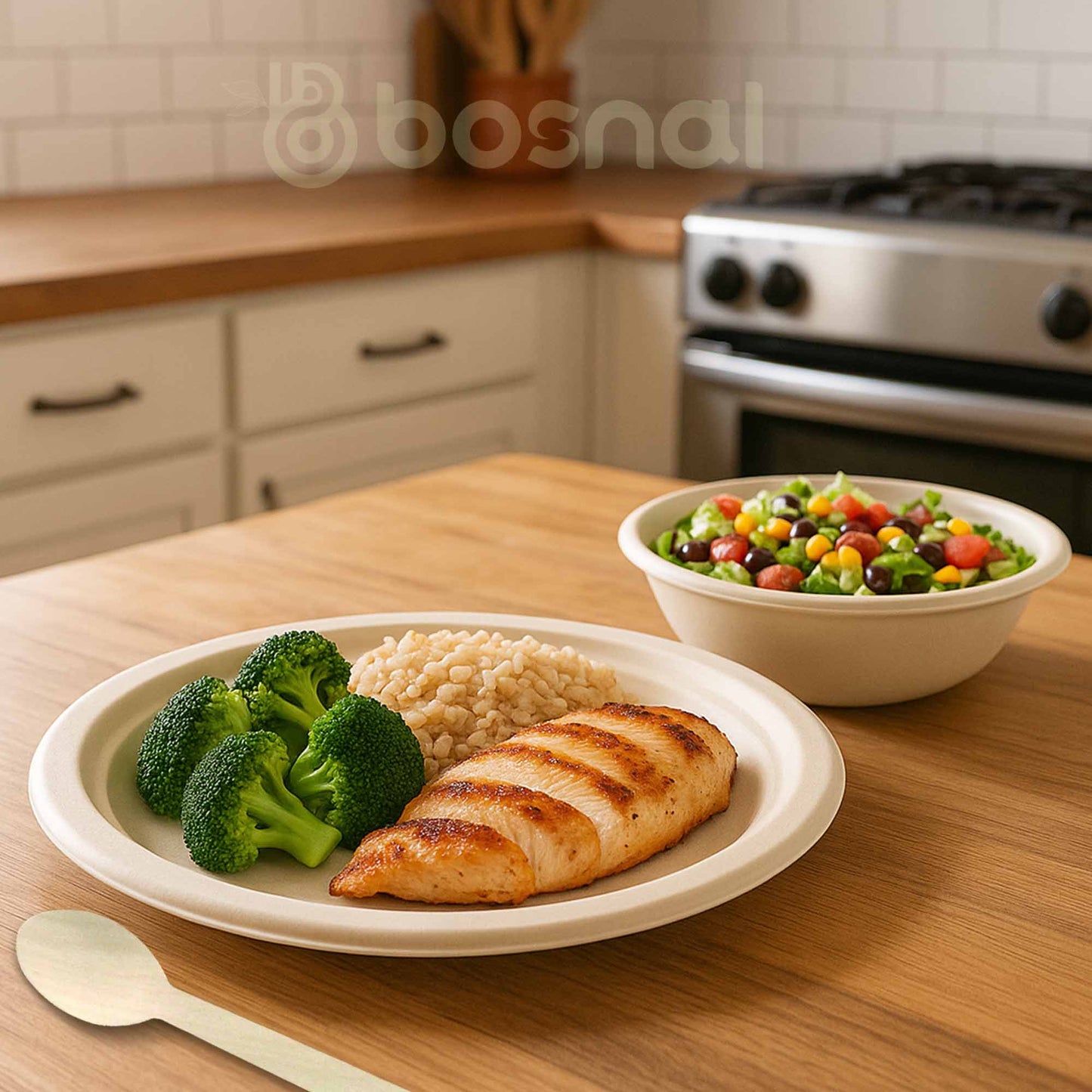 Bosnal – Sugarcane Bagasse Compostable 10 inch Round Plates with 32 Oz Bowls and Cutlery - themonogram manor