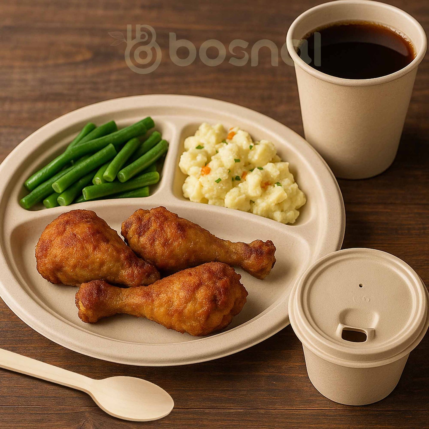 Bosnal – Sugarcane Bagasse Compostable 3 - Compartment Round Plates & 8 Oz Cups with Lids & Cutlery - themonogram manor