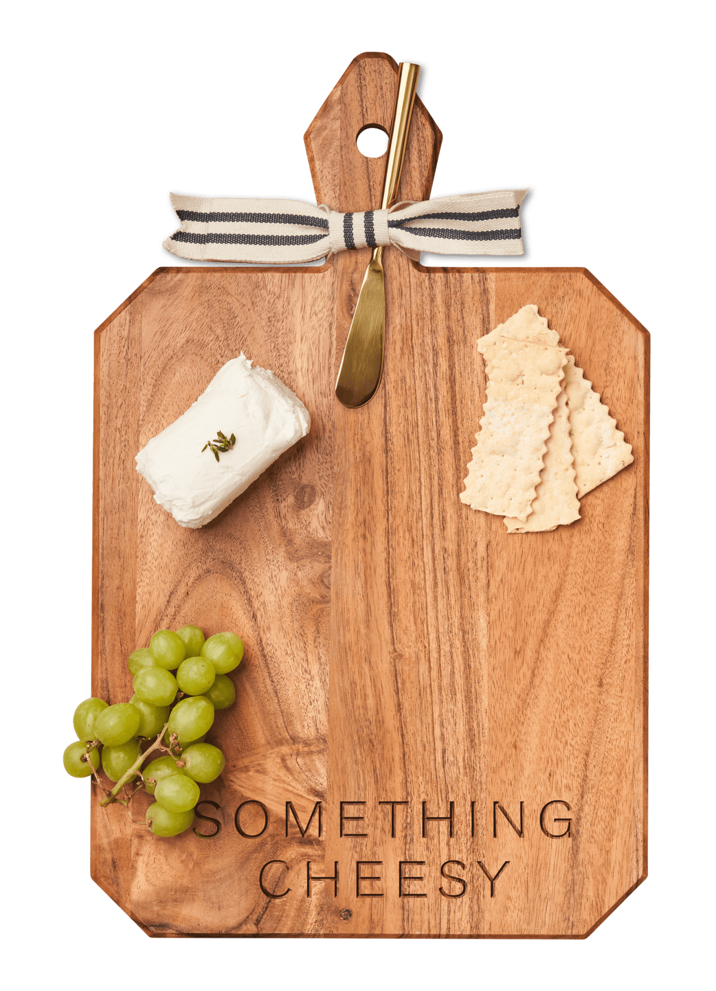 Acacia Heirloom Board with Handle Rectangle & Gold Spreader Tied with Gray & White Ribbon | something cheesy | 16 x 10 x .6" - themonogram manor