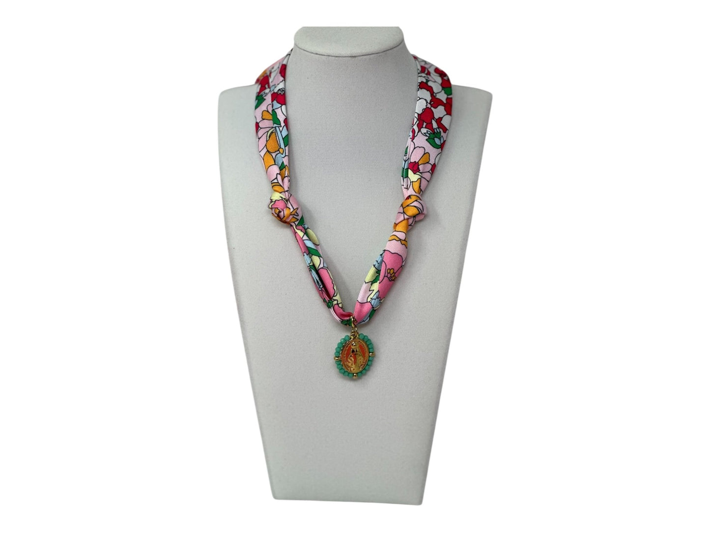 Scarf Charm Necklace - Pink Multi Flower with Mary Pendant with Turquoise - themonogram manor