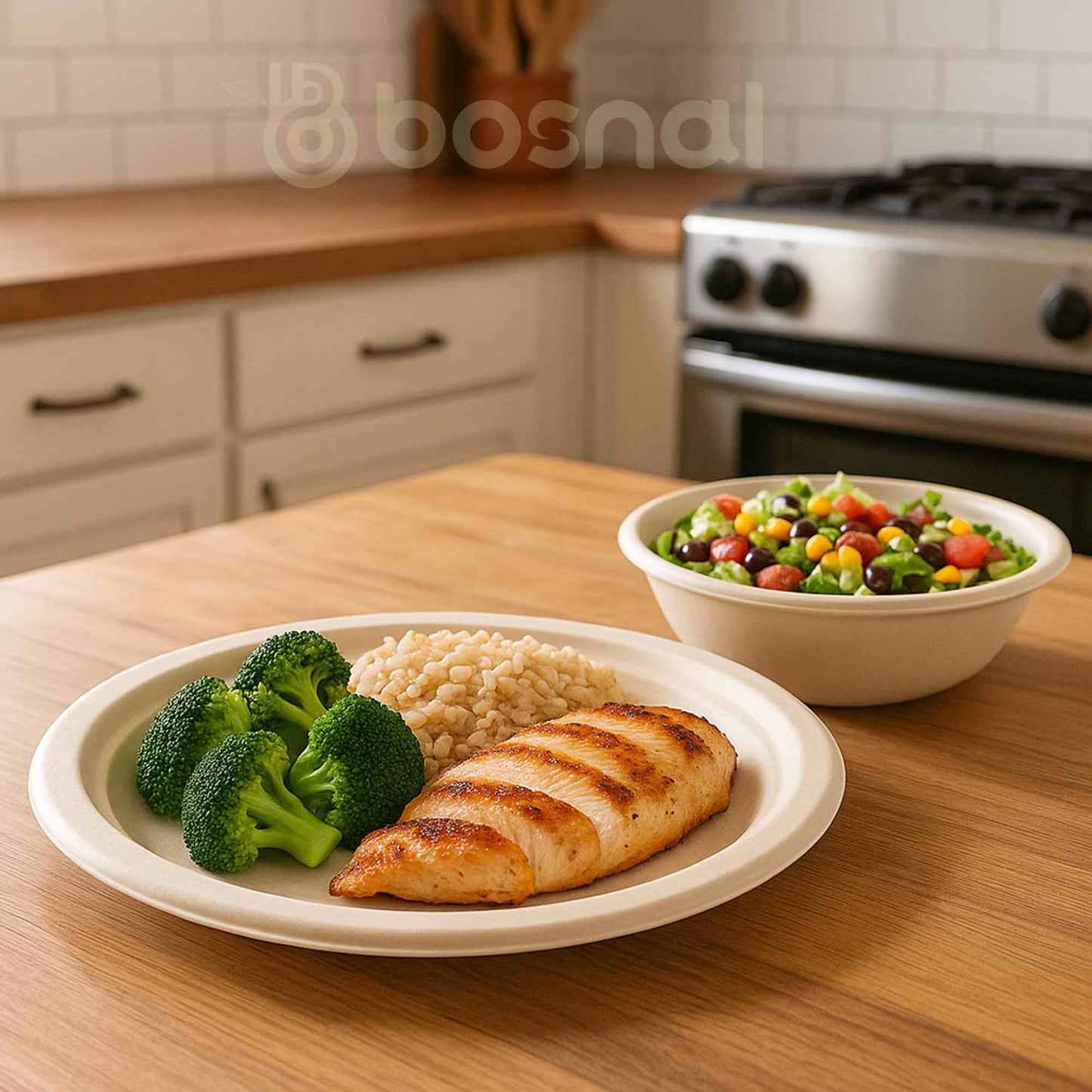 Bosnal - Sugarcane Bagasse Compostable 10 inch Round Plates with 32 Oz Bowls - themonogram manor