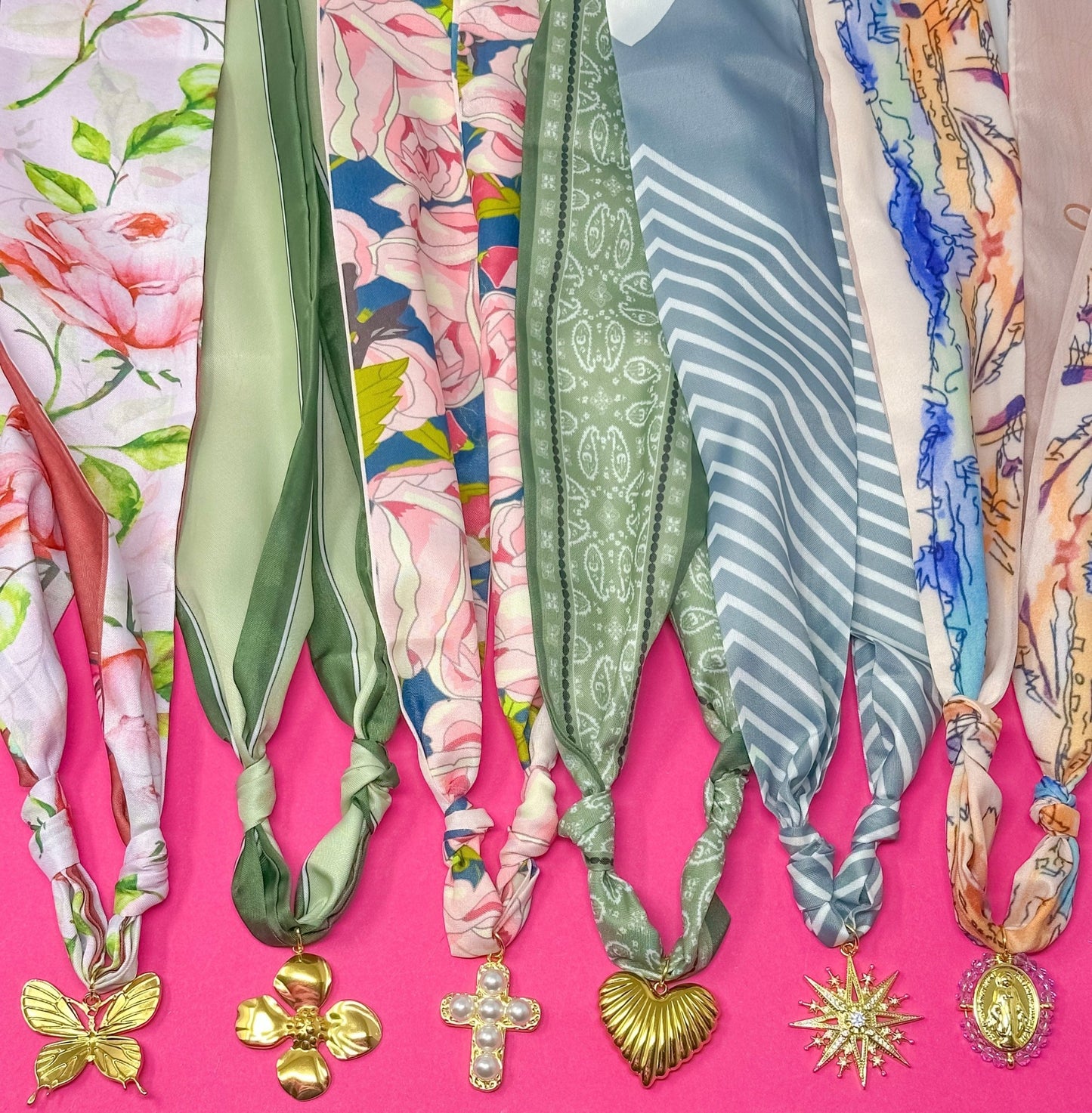 Fall Scarf Charm Necklace - Floral, Green and Blues - themonogram manor