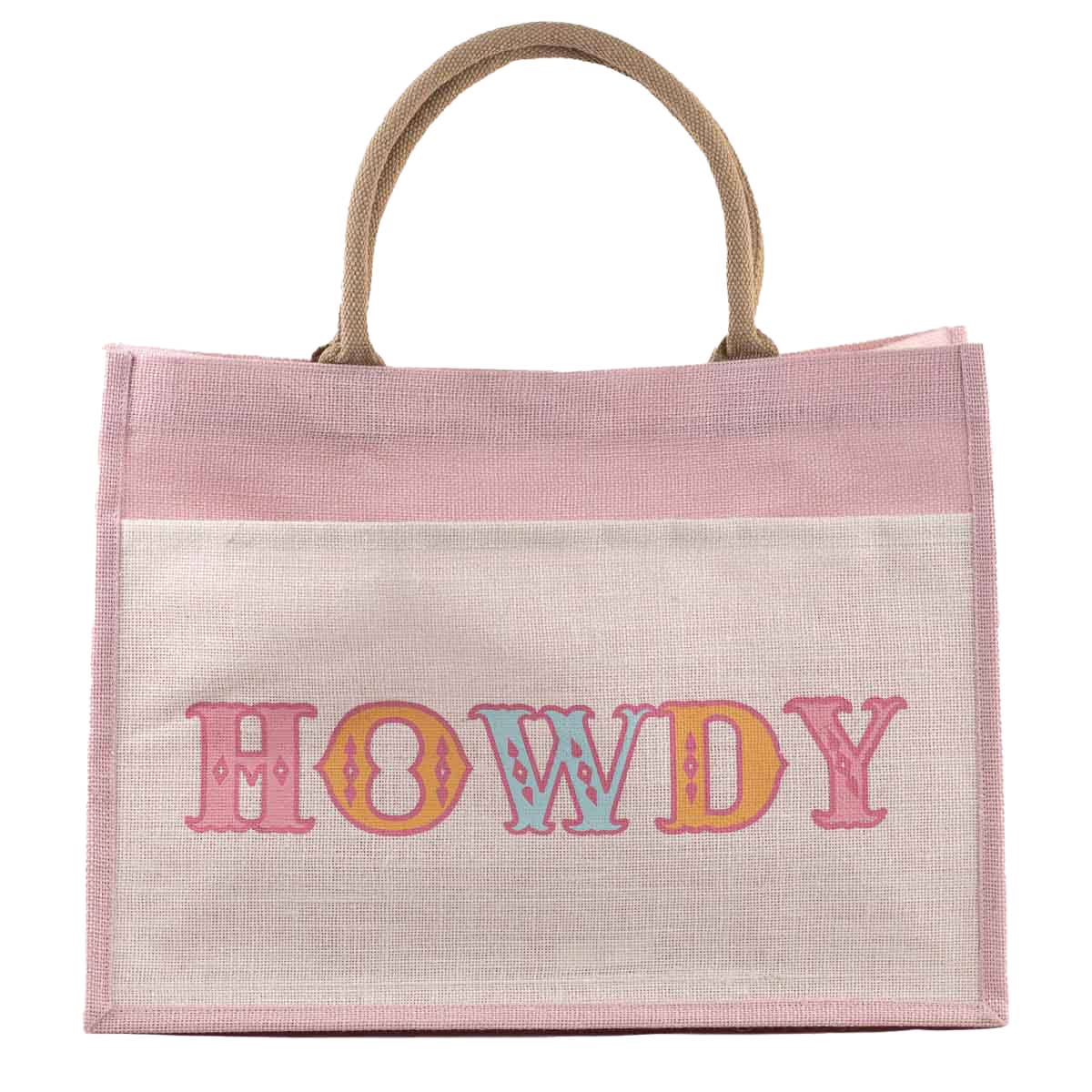 Howdy Friends Jute Pocket Tote Pink/Multi 19x14x7.5 - themonogram manor