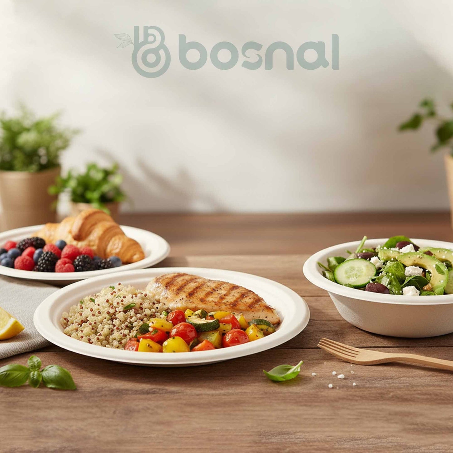 Bosnal – Sugarcane Bagasse Compostable 10 inch & 7 inch Round Plates with 16 Oz Bowls and Cutlery - themonogram manor