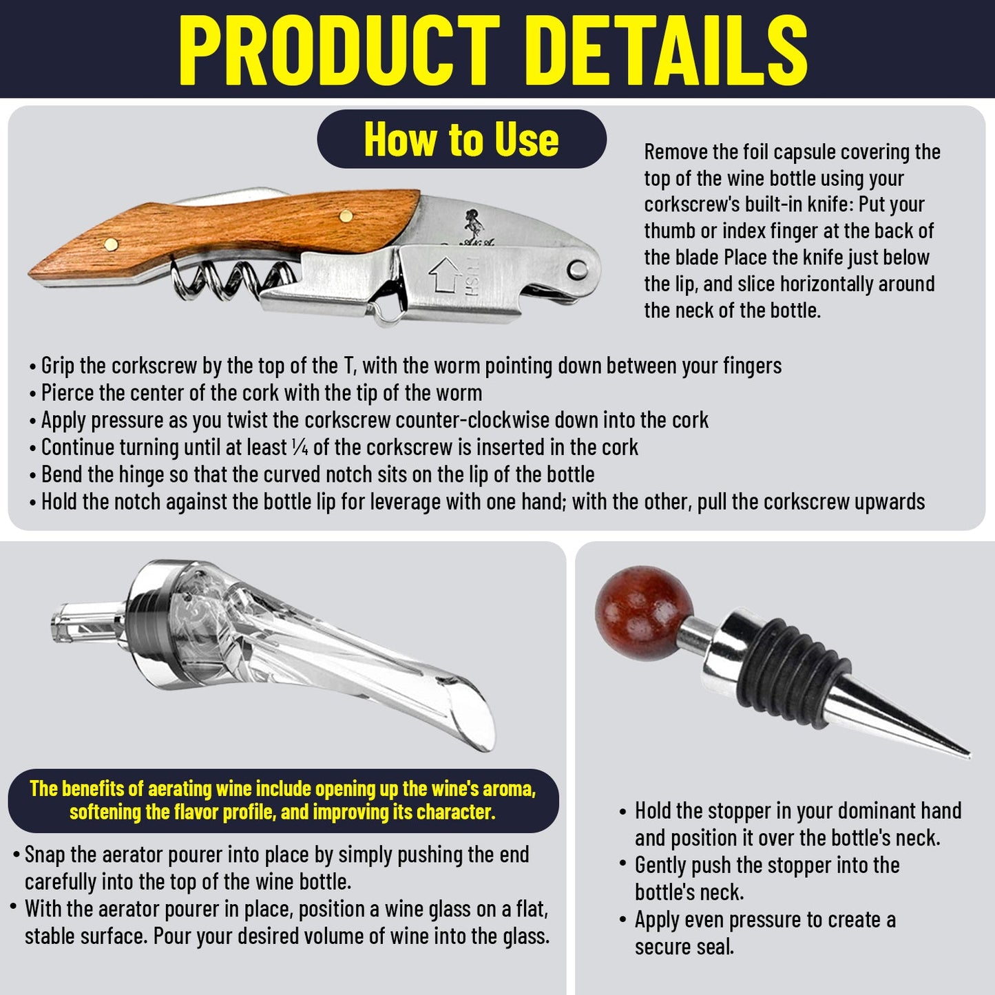 Ultimate Wine Accessories Set Featuring 3 in-1 Multifunctional Waiters Corkscrew