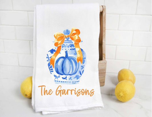 Personalized Chinoiserie Fall Pumpkin Tea Towel
