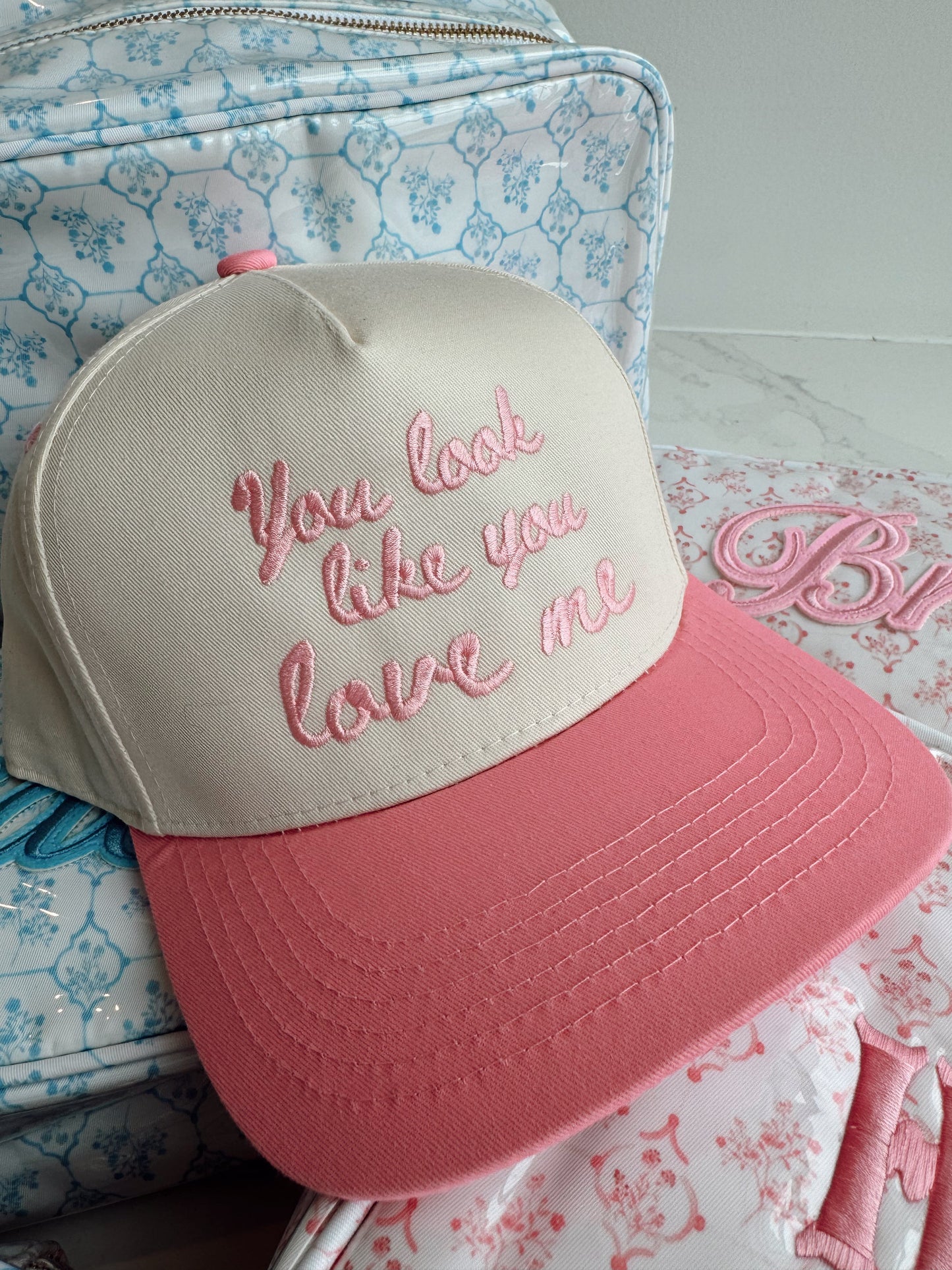 Embroidered - You Look Like You Love Me - Pink Vintage Trucker Hat