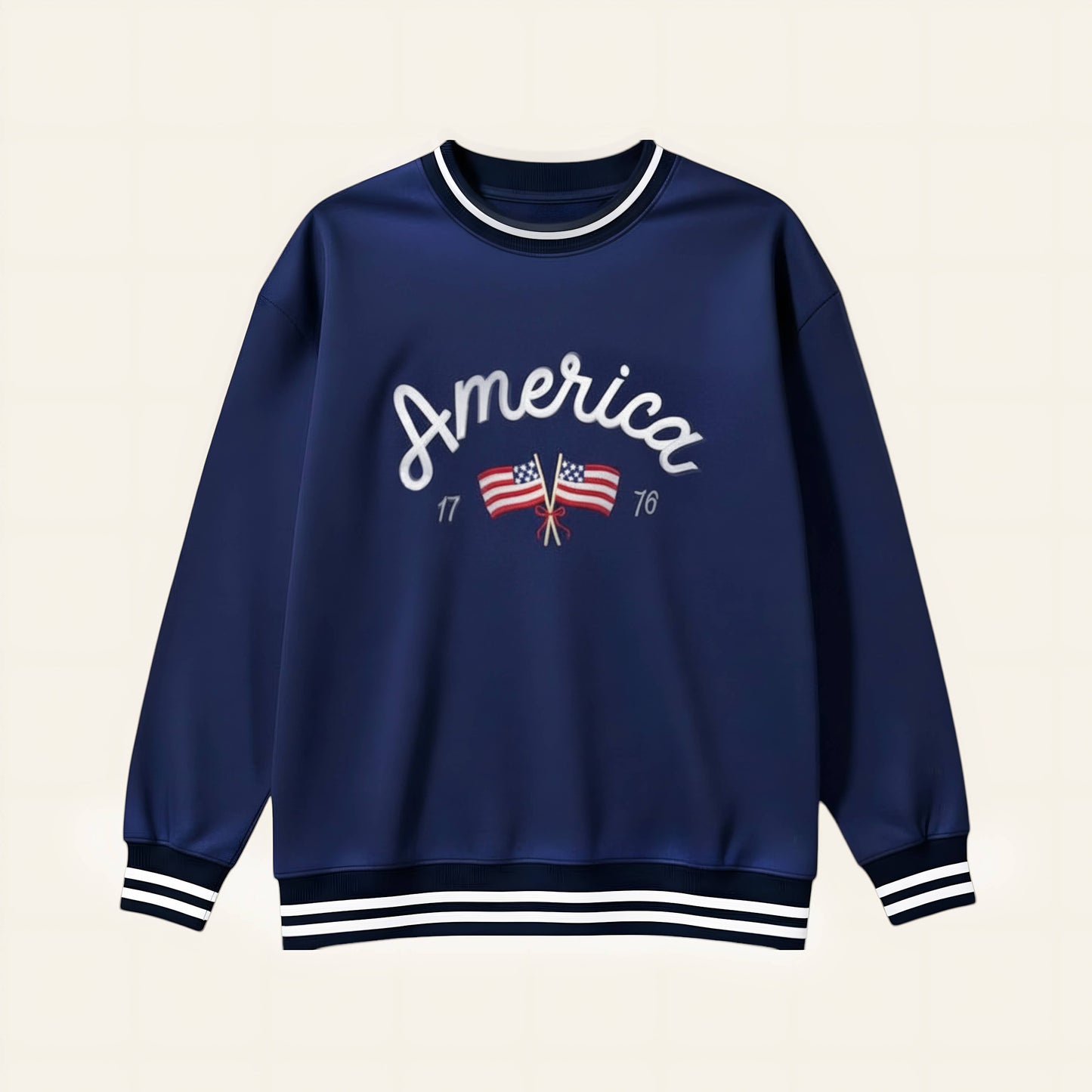 Navy blue sweatshirt with 'America' and flag design on a beige background