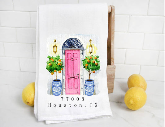 Personalized Chinoiserie Zip Code City and State Tea Towel