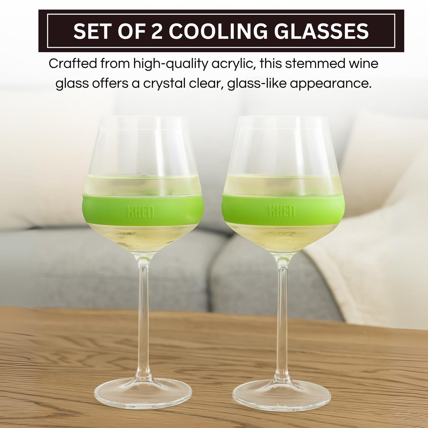 Stemmed Acrylic Cooling Wine  Glasses 14oz | Set of 2 | Green