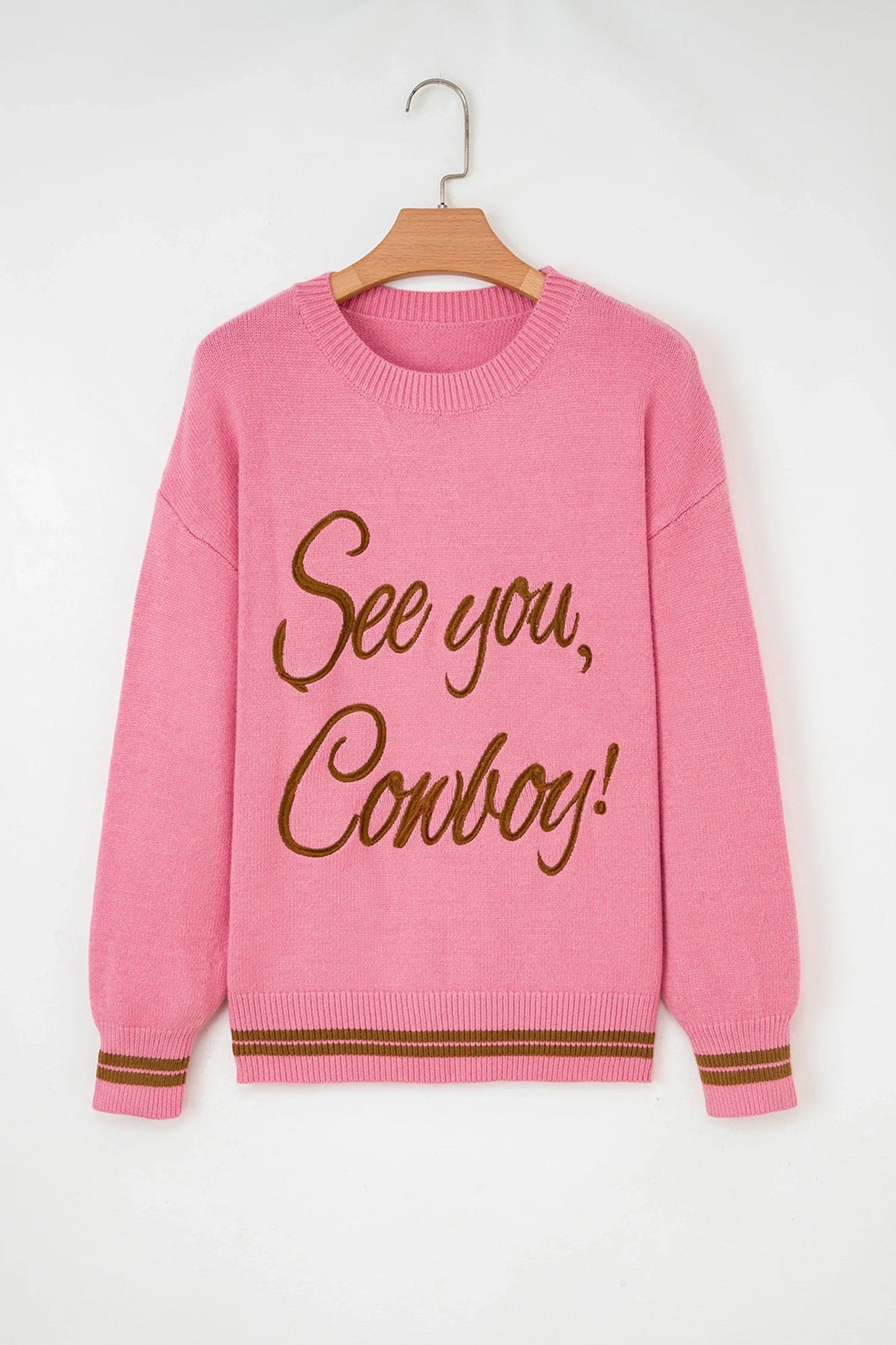 Western See You Cowboy Embroidered Stripe Cuff Sweater