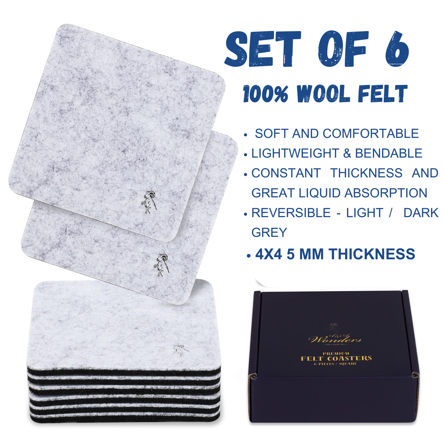 Premium Felt Coasters for Drink Set of 18 Pcs - (square)