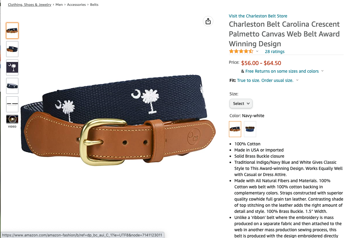 SC State Flag Belt Palmetto Moon on Cotton Web