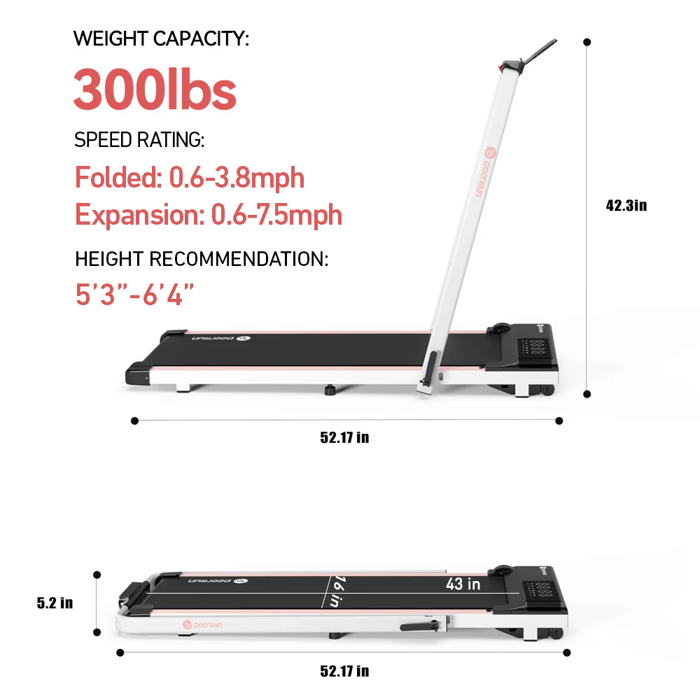 DeerRun A5 Pro Smart 2 in 1 Folding Treadmill Pink with Handrail, 300Lbs