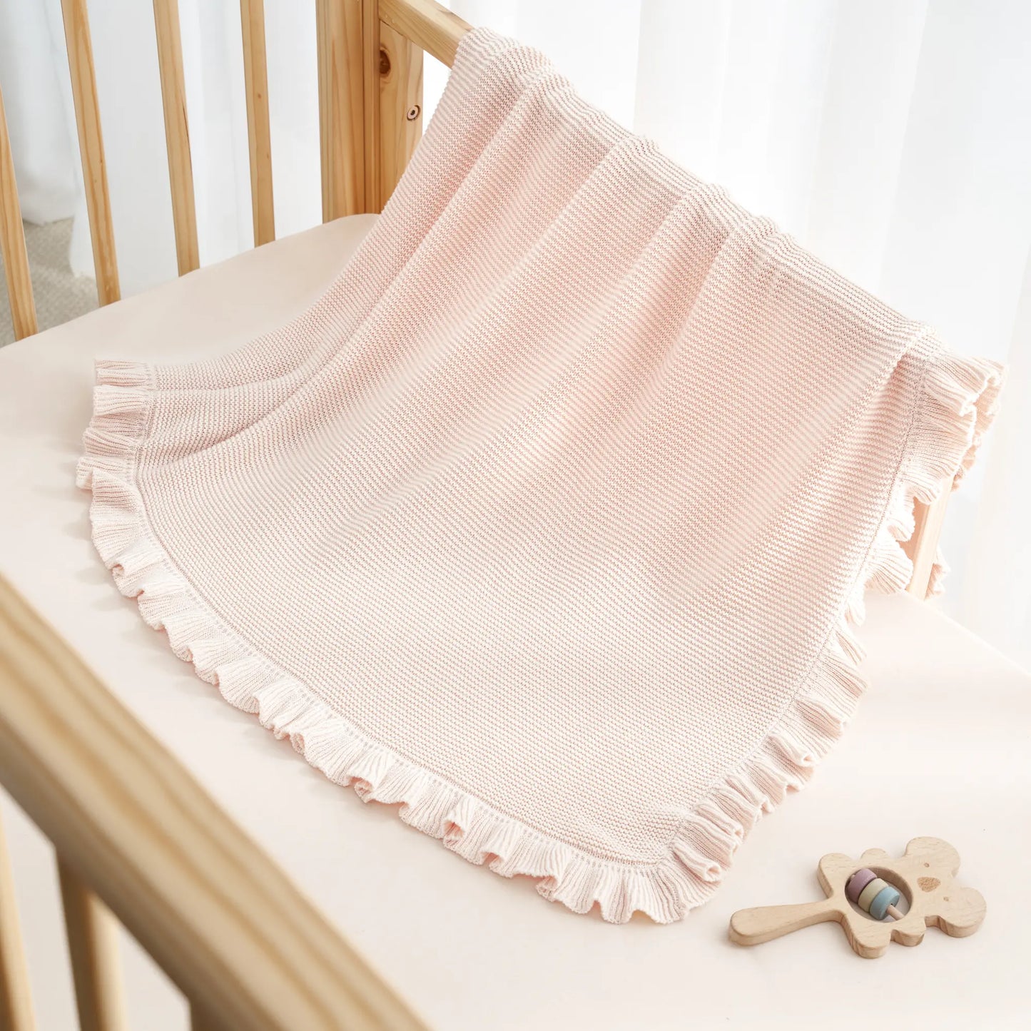 Ruffled Edge Knit Baby Blanket in Beige