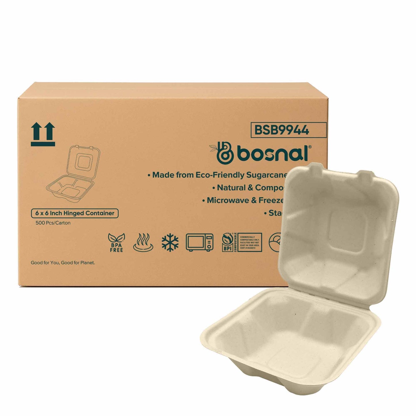 Bosnal - Sugarcane Bagasse Compostable Square Clamshell Containers - Case of 20 (500 Pcs)