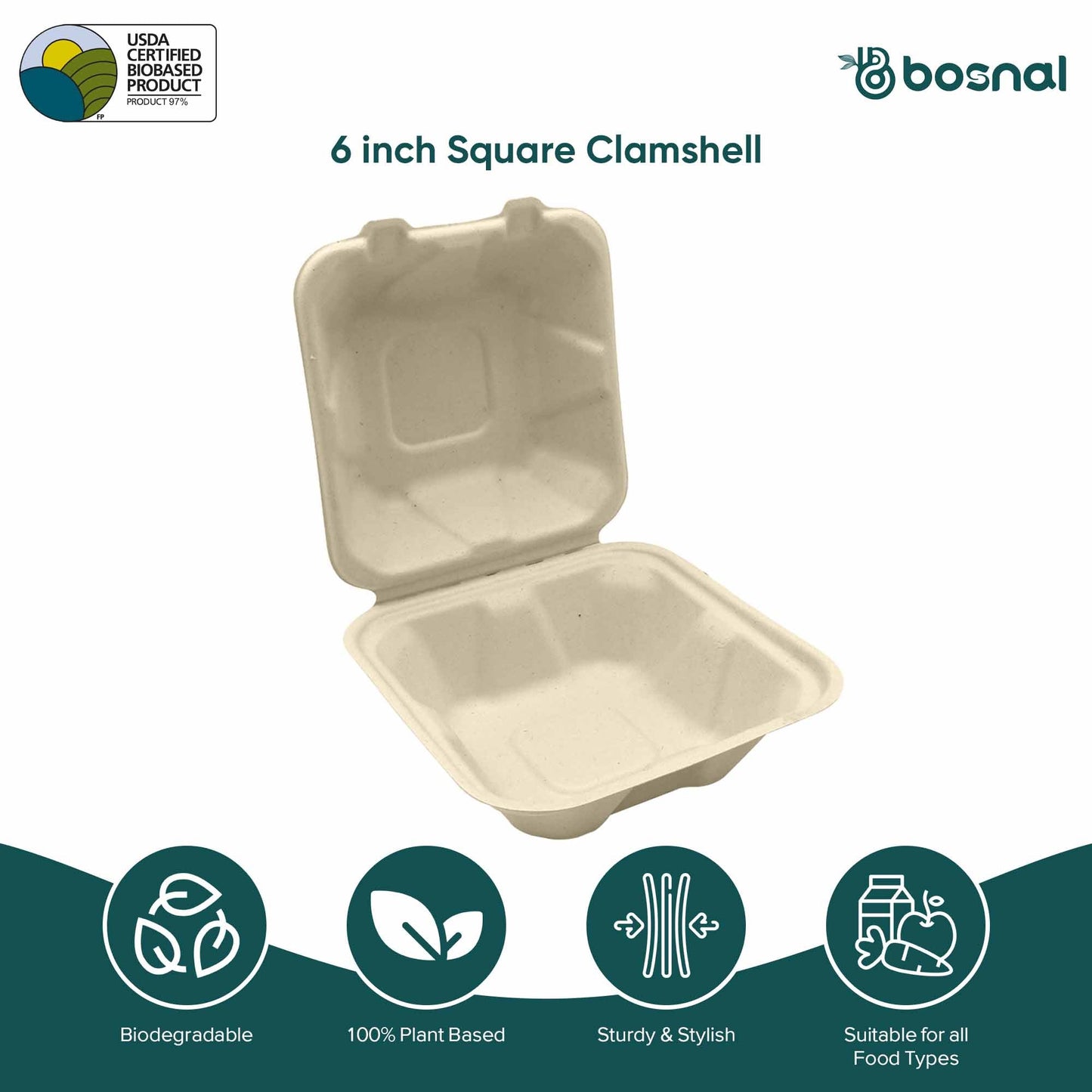 Bosnal - Sugarcane Bagasse Compostable Square Clamshell Containers - Case of 20 (500 Pcs)