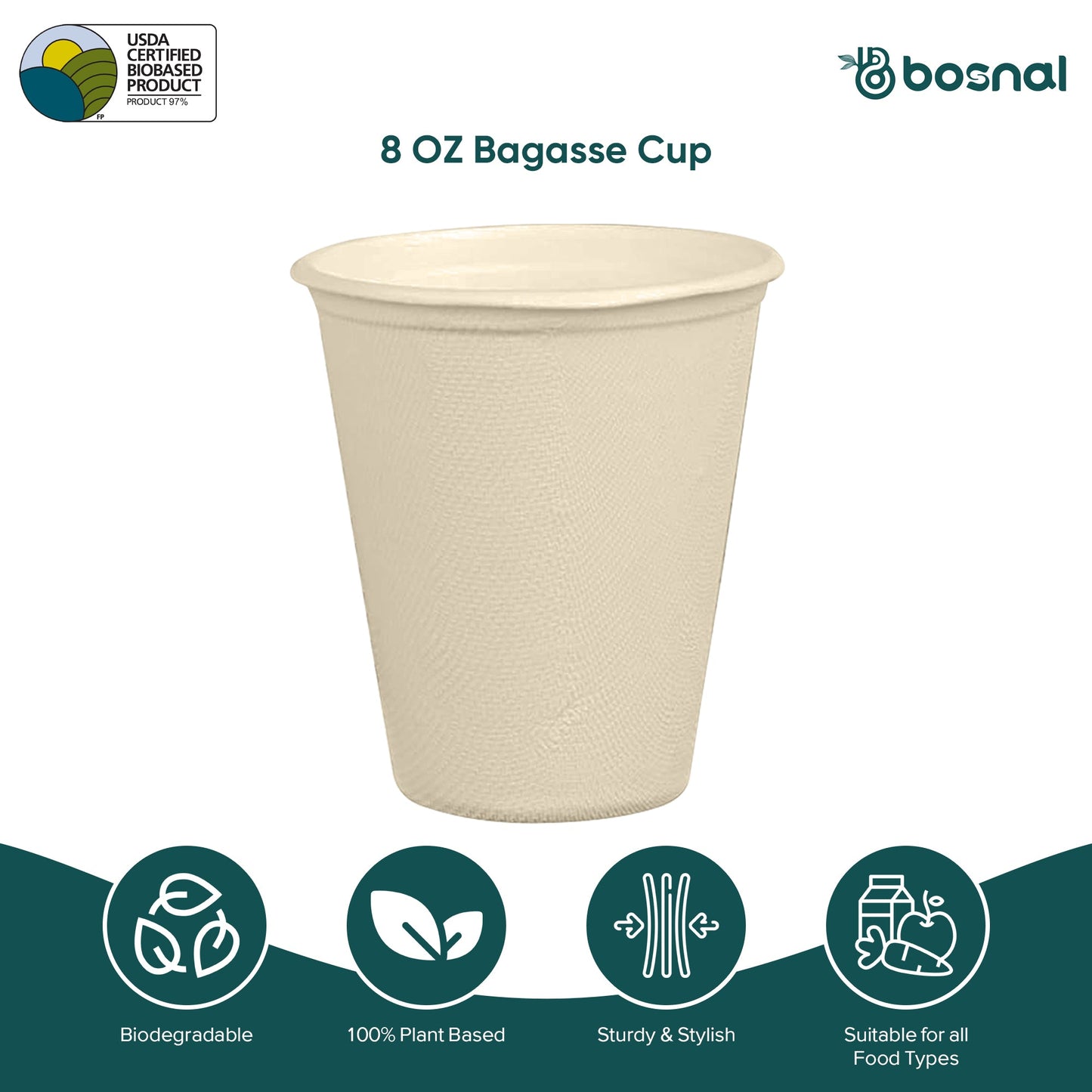 Bosnal - Sugarcane Bagasse Compostable 8 Oz Cups – Case of 20 (500 Pcs)