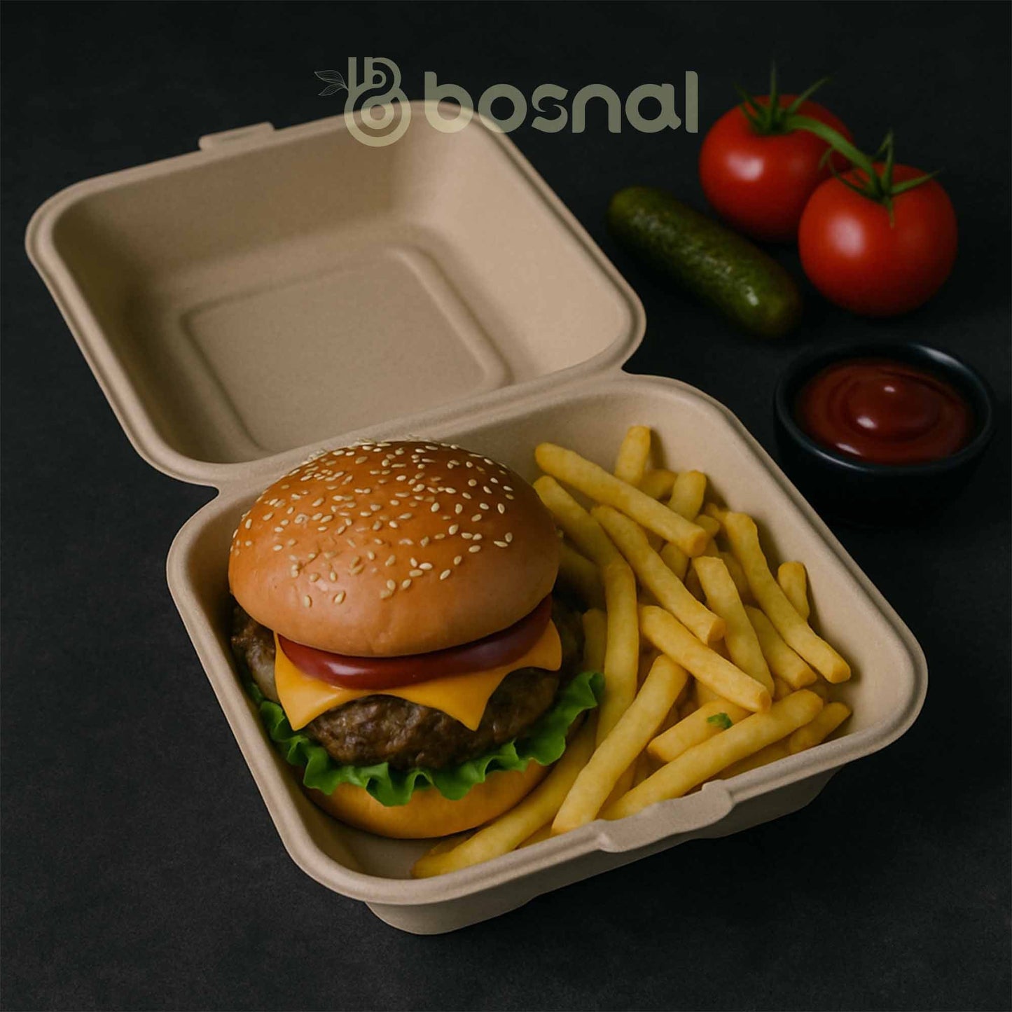 Bosnal - Sugarcane Bagasse Compostable Square Clamshell Containers - Case of 20 (500 Pcs)