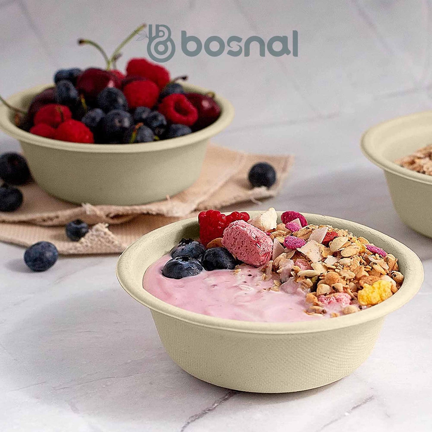 Bosnal - Sugarcane Bagasse Compostable 32 Oz Round Bowls - Case of 16 (400 Pcs)