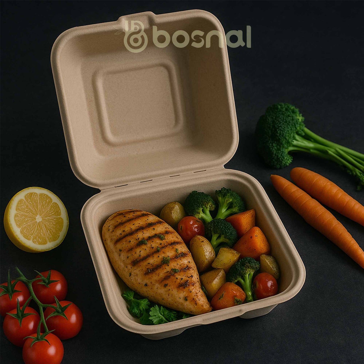 Bosnal - Sugarcane Bagasse Compostable Square Clamshell Containers - Case of 20 (500 Pcs)