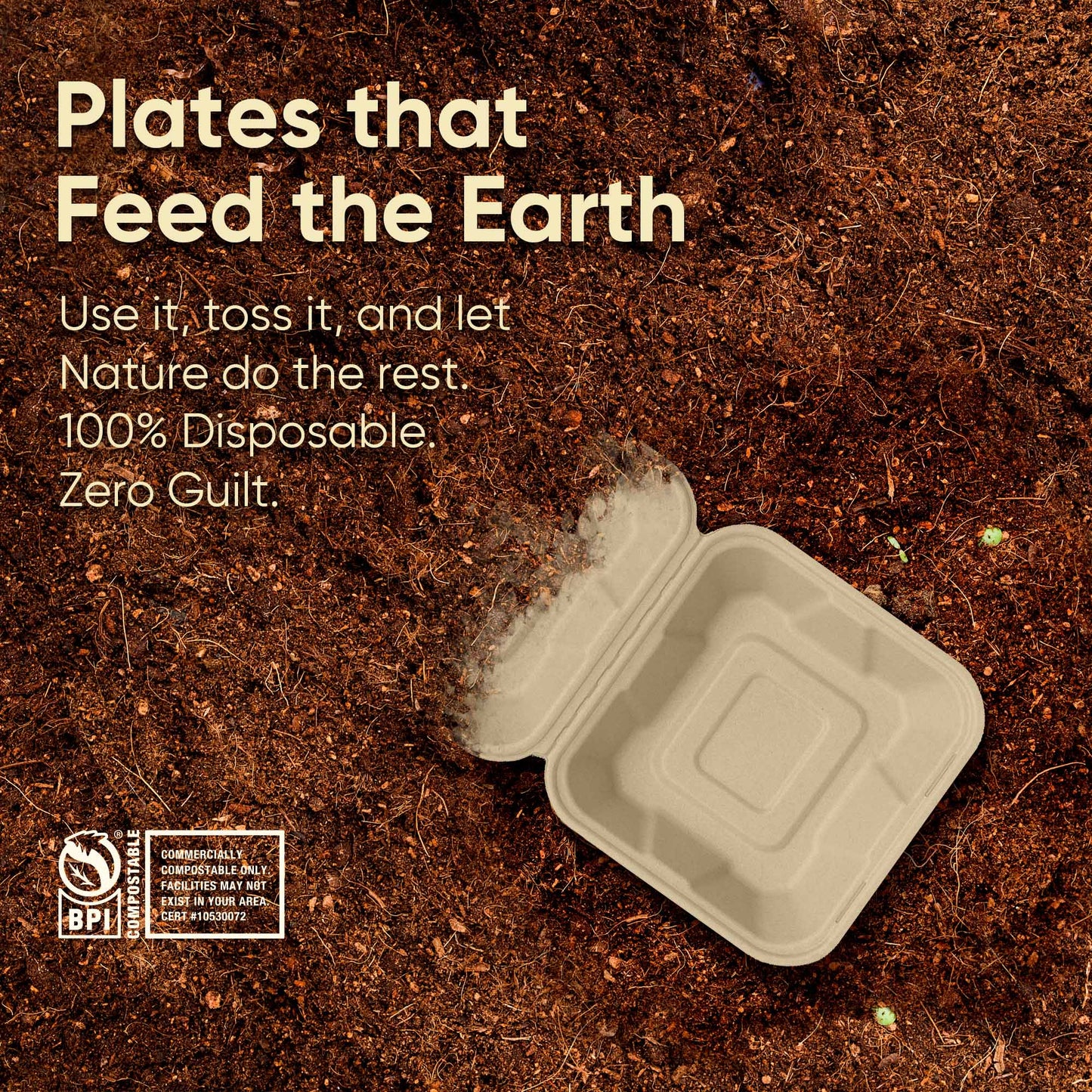 Bosnal - Sugarcane Bagasse Compostable Square Clamshell Containers - Case of 20 (500 Pcs)