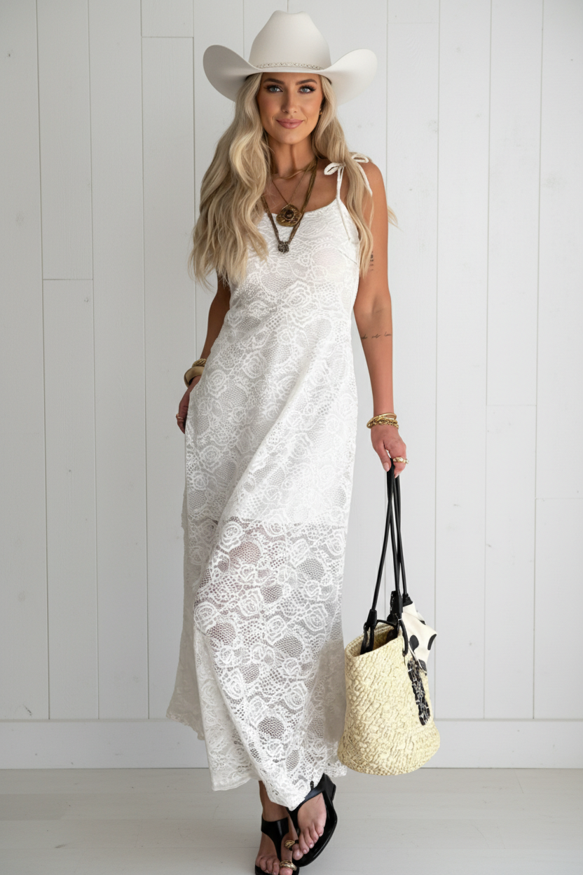 Floral Lace Tie Spaghetti Straps Maxi Dress