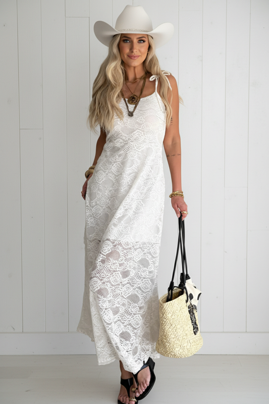 Floral Lace Tie Spaghetti Straps Maxi Dress
