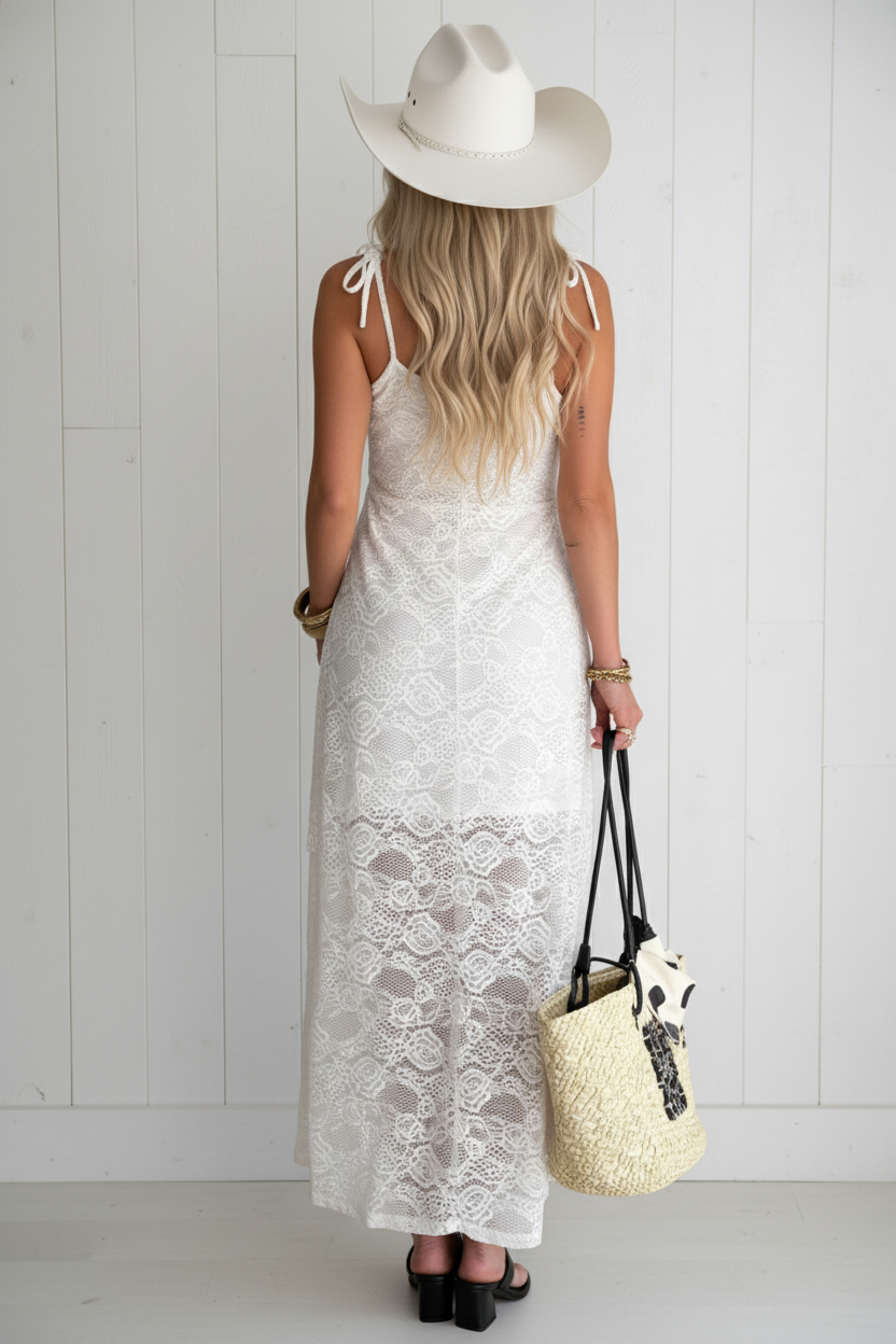Floral Lace Tie Spaghetti Straps Maxi Dress