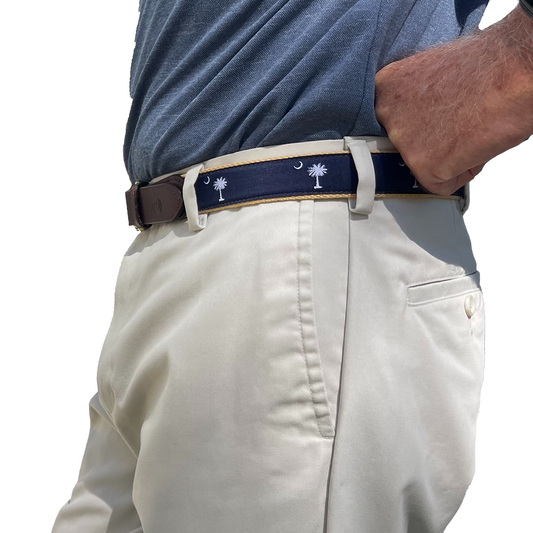 Navy on Khaki - South Carolina Crescent Moon Palmetto State Flag Belt