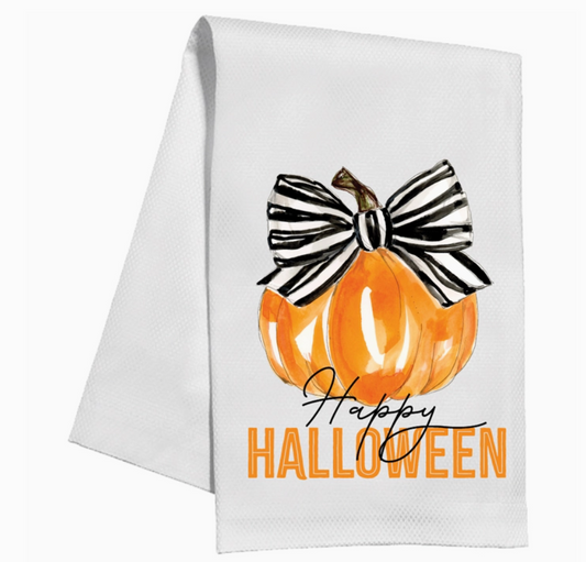 Happy Halloween Pumpkin Striped Bow Kitchen Towel